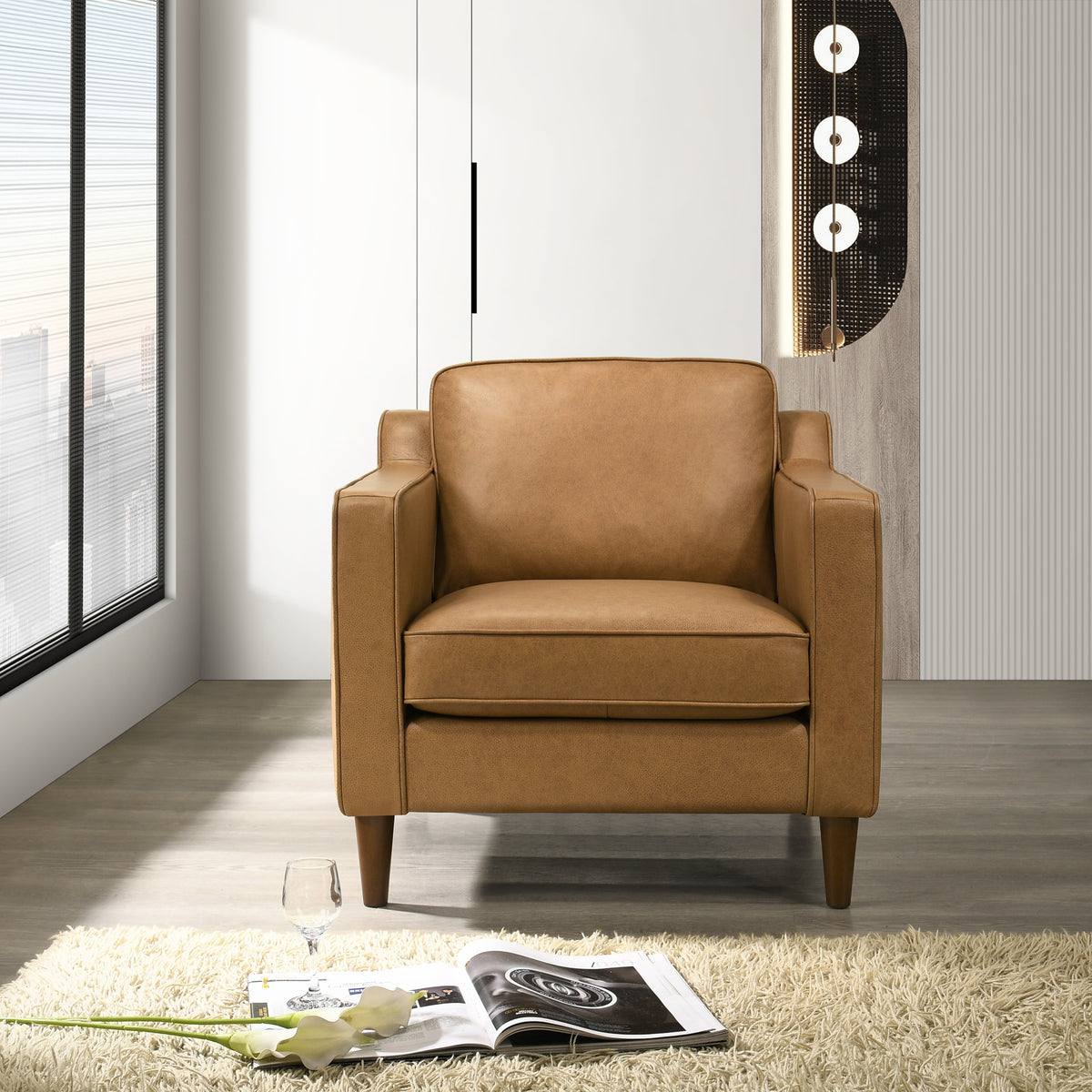 Manhattan Mid-Century Modern Tan Genuine Leather Lounge Chair - MidinMod
