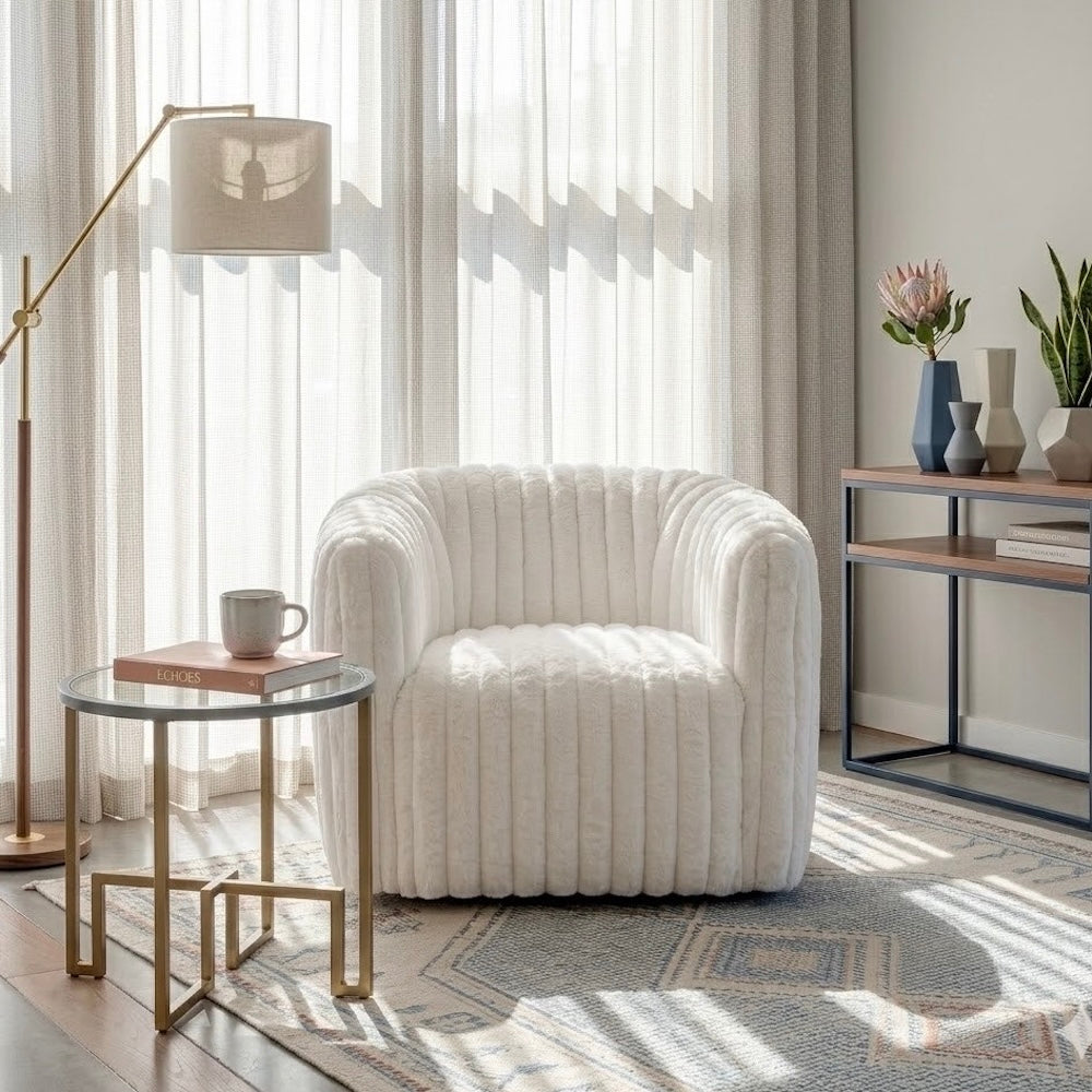 Mayfield Swivel Chair | White Plush Fabric & Channel Tufting | MidinMod