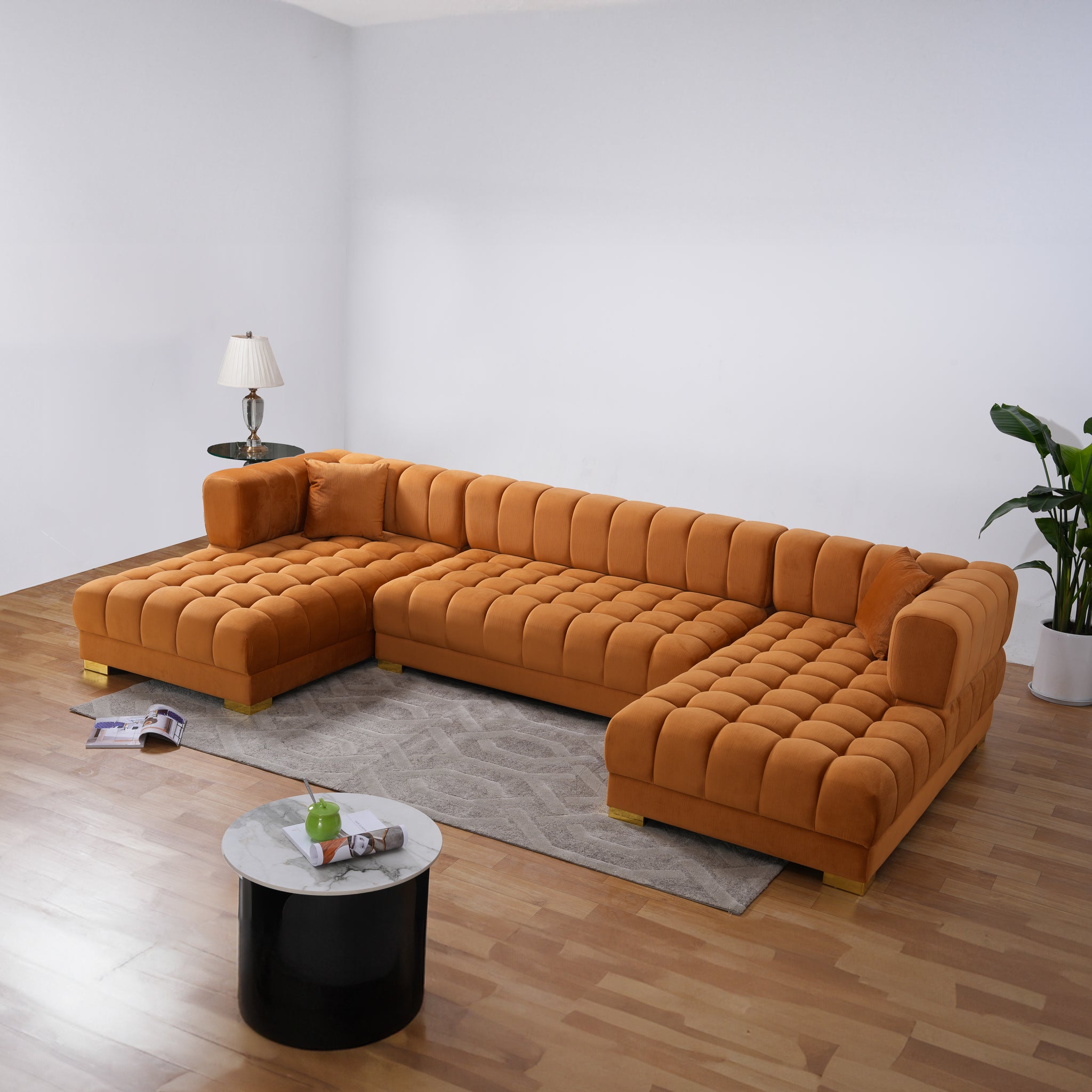 Mayford Cognac Velvet U-Shape Corner Sofa - MidinMod