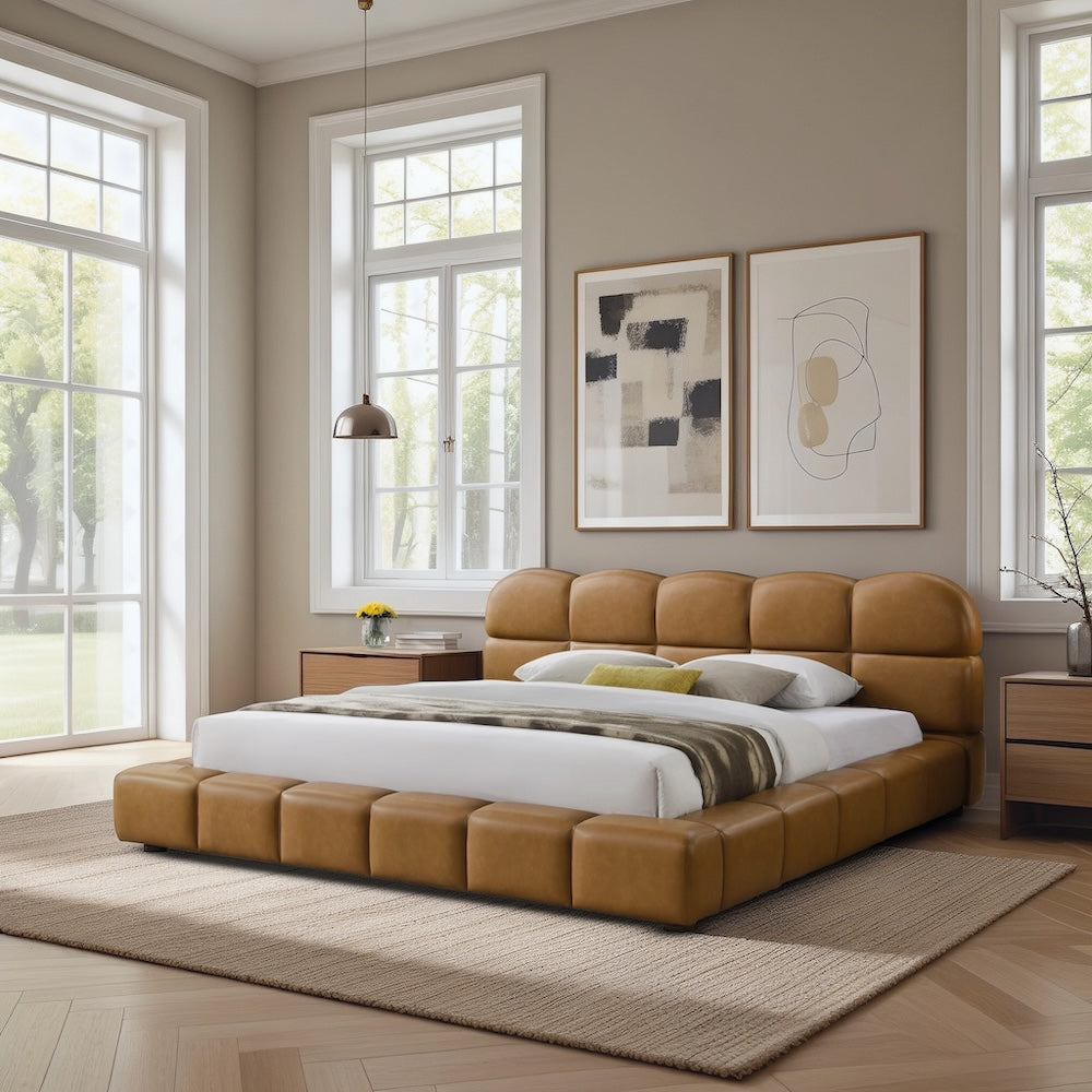 Melania Vegan Leather Biscuit-Tufted Platform Bed - MidinMod