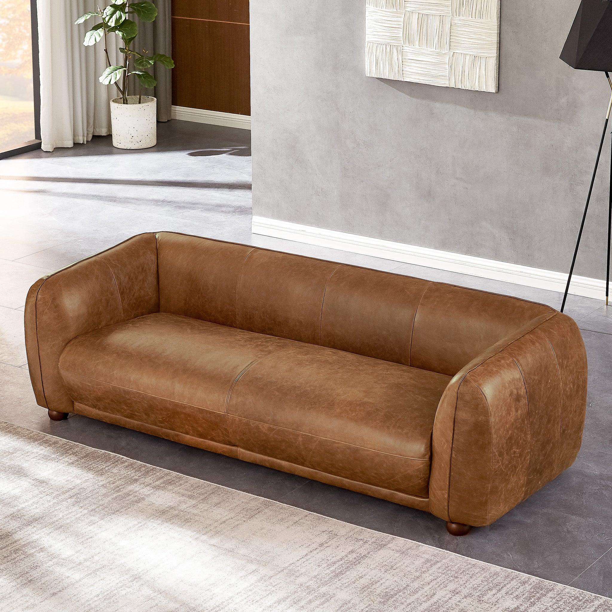 Miller Mid-Century Modern Brown Real Leather Sofa | MidinMod