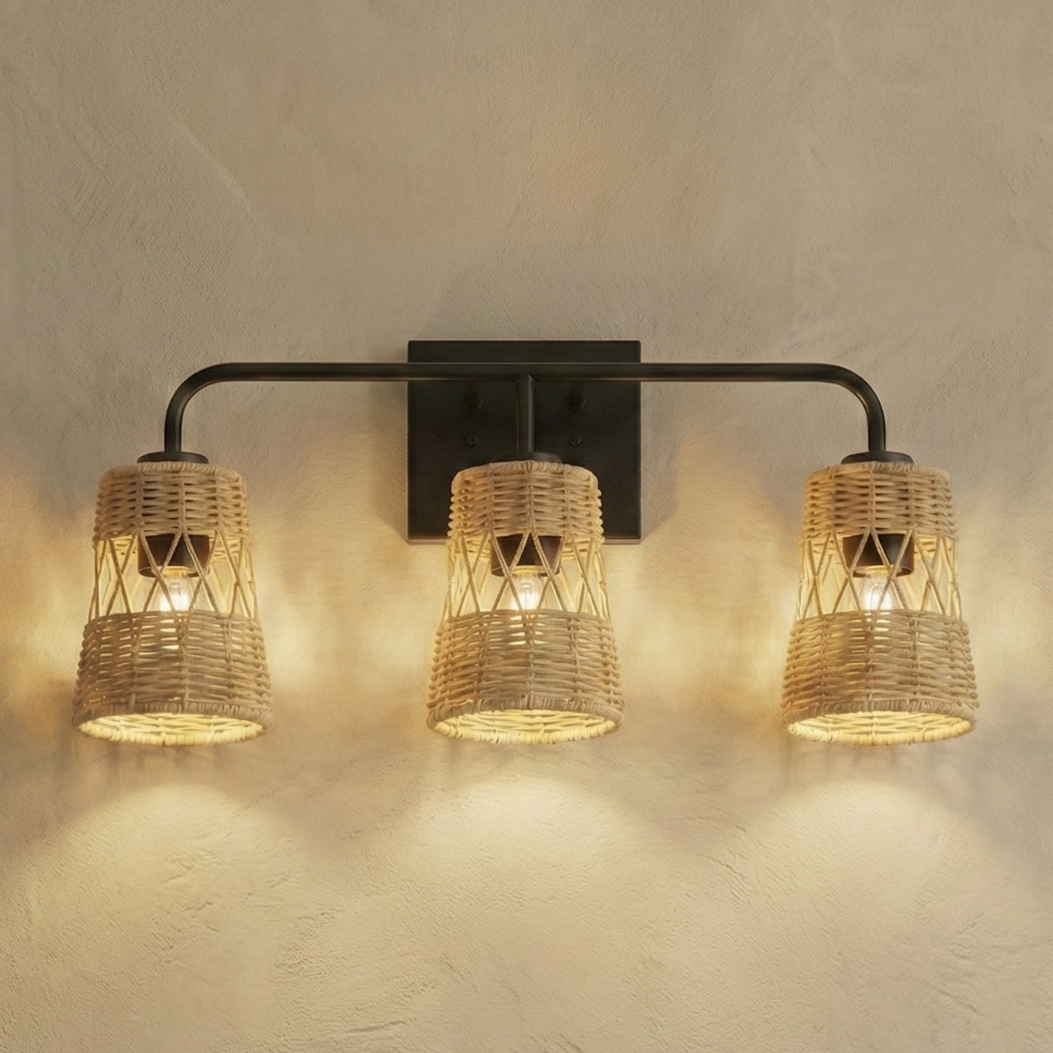 Moonlit Three Lights Wall Sconce | Rattan Shades & Sleek Frame | MidinMod