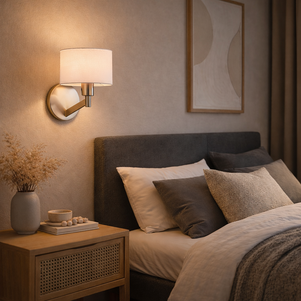 Nebula Wall Lamp | Brushed Nickel Base & White Fabric Shade | MidinMod