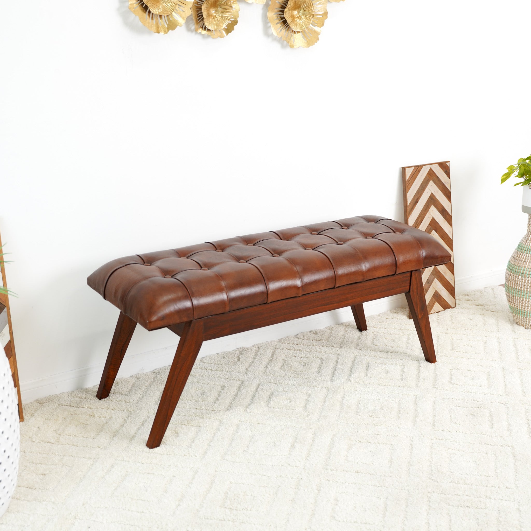 Niles Genuine Leather Button-Tufted Bench - MidinMod