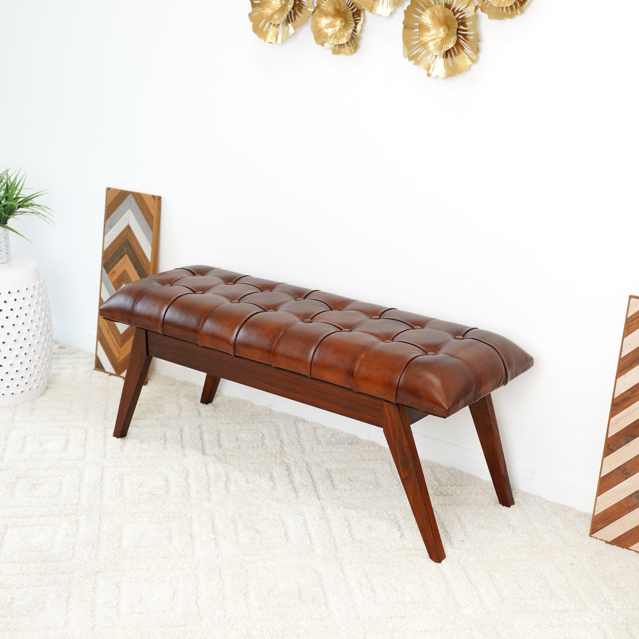 Niles Genuine Leather Button-Tufted Bench - MidinMod