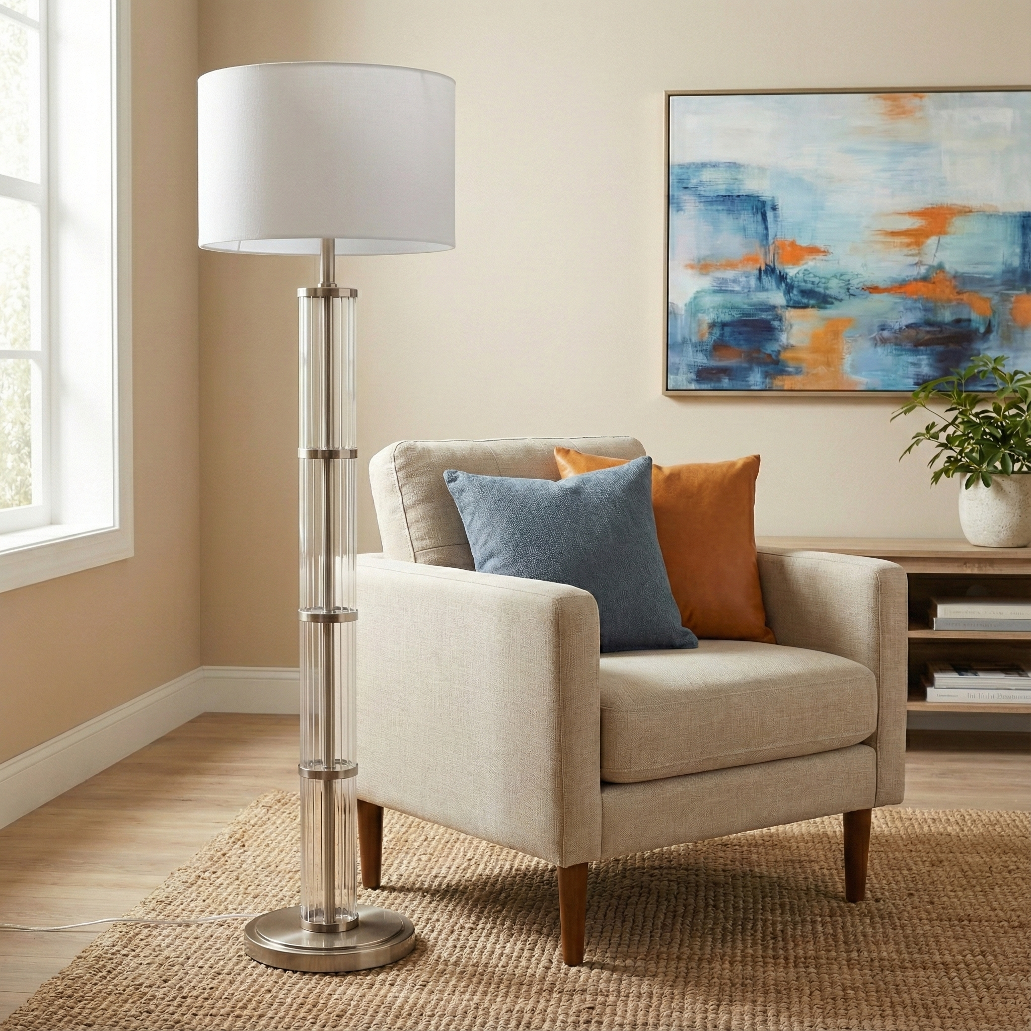 Nimbus Brushed Nickel Floor Lamp with 3-Way Rotary Switch and Clear Glass Body | MidinMod