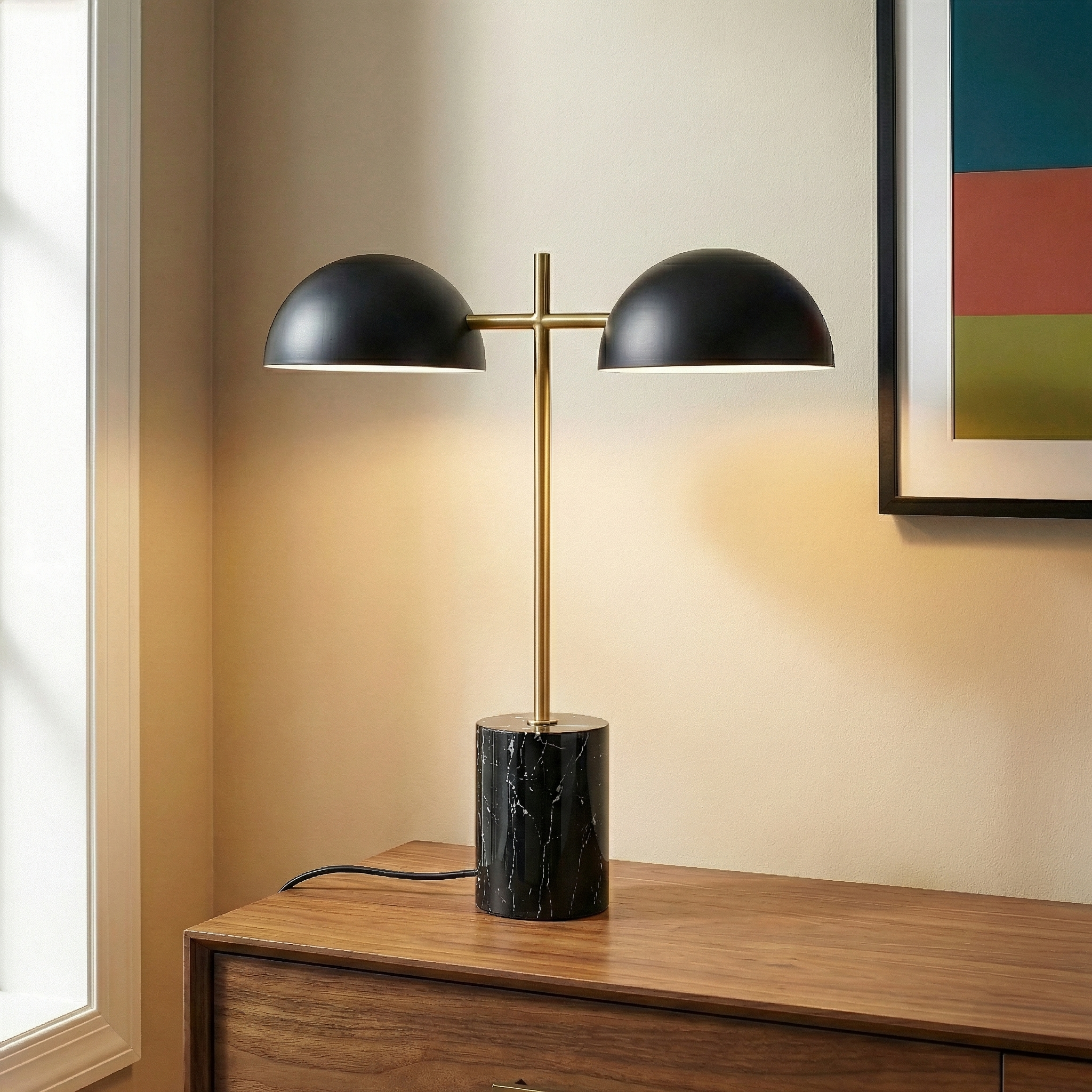 Nova Hydro Black Double Table Lamp with Faux Marble Base | MidinMod