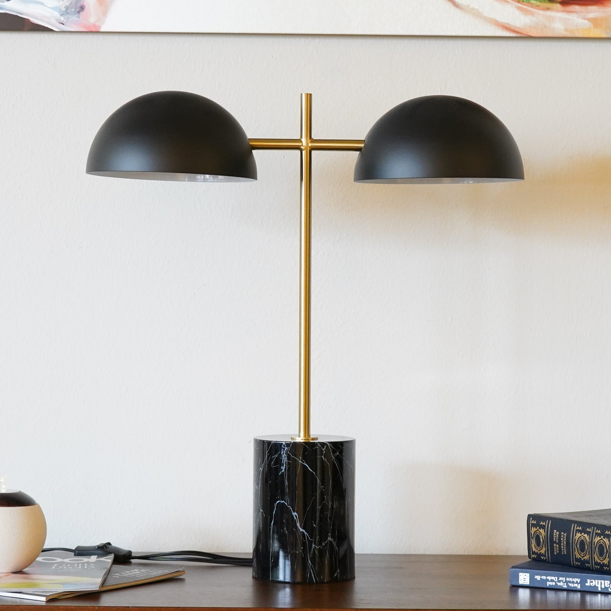 Nova Hydro Black Table Lamp with On/Off Switch Double Lamp with Faux Marble Base
