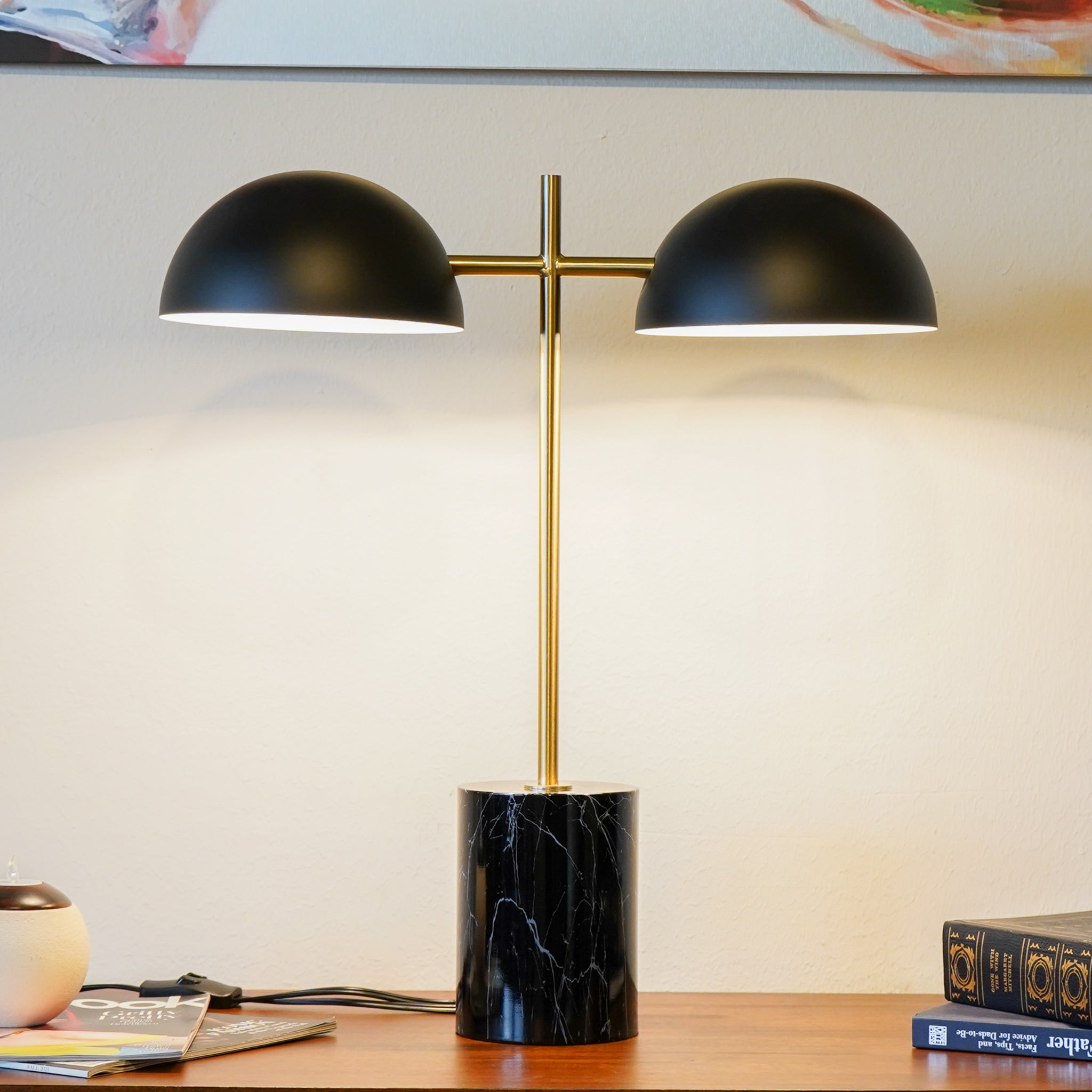 Nova Hydro Black Table Lamp with On/Off Switch Double Lamp with Faux Marble Base