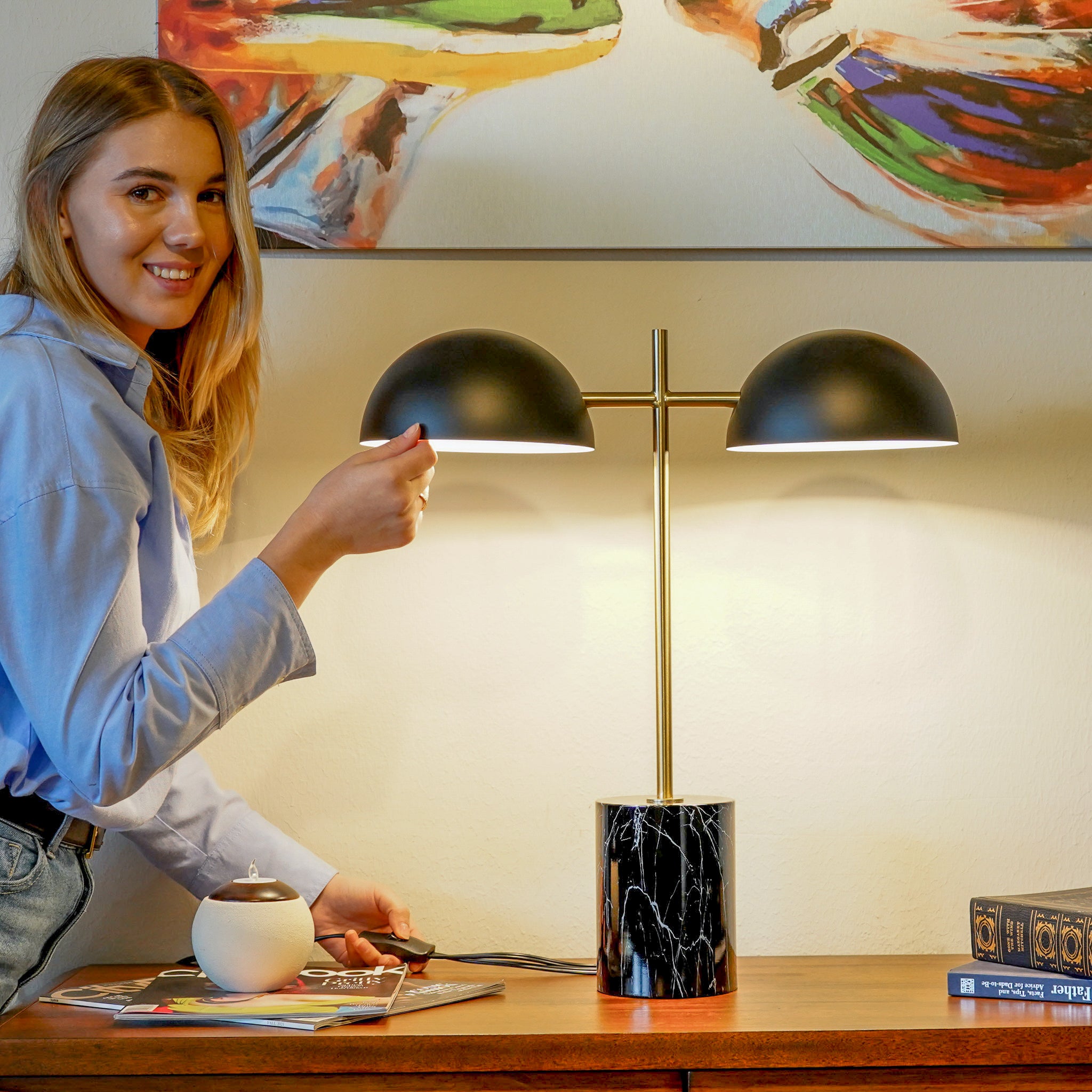 Nova Hydro Black Table Lamp with On/Off Switch Double Lamp with Faux Marble Base