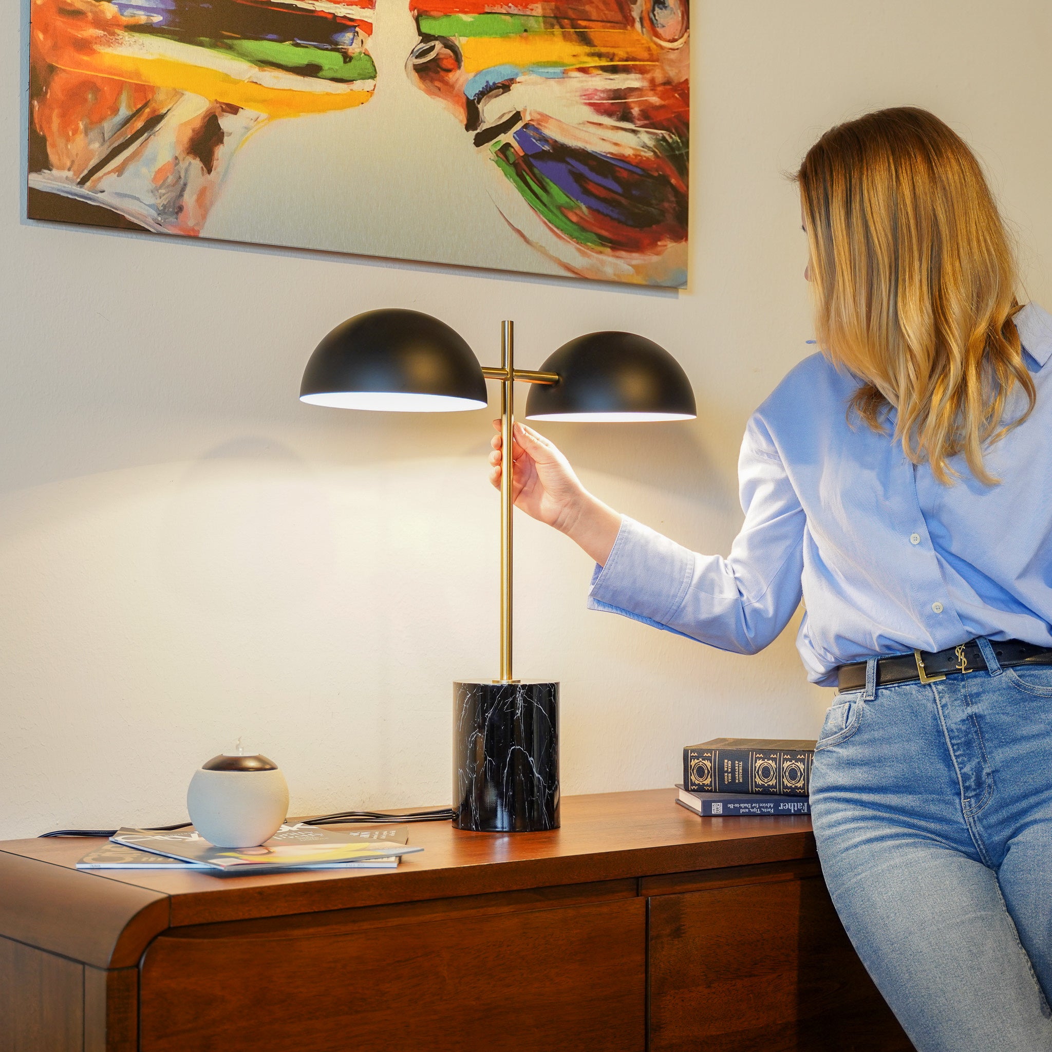 Nova Hydro Black Table Lamp with On/Off Switch Double Lamp with Faux Marble Base
