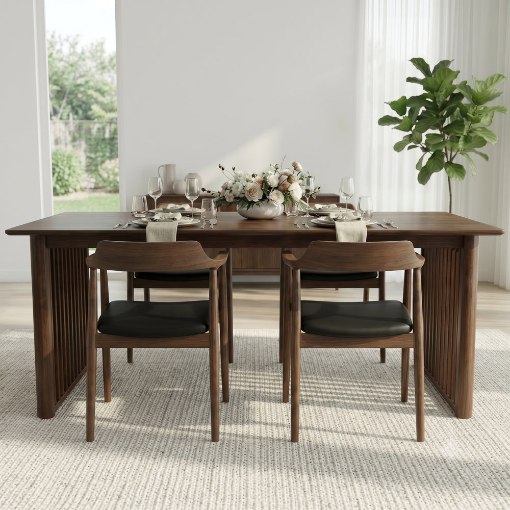 Nuvella Solid Wood Rectangular Dining Table with Ribbed Slab Legs – Walnut Finish | MidinMod
