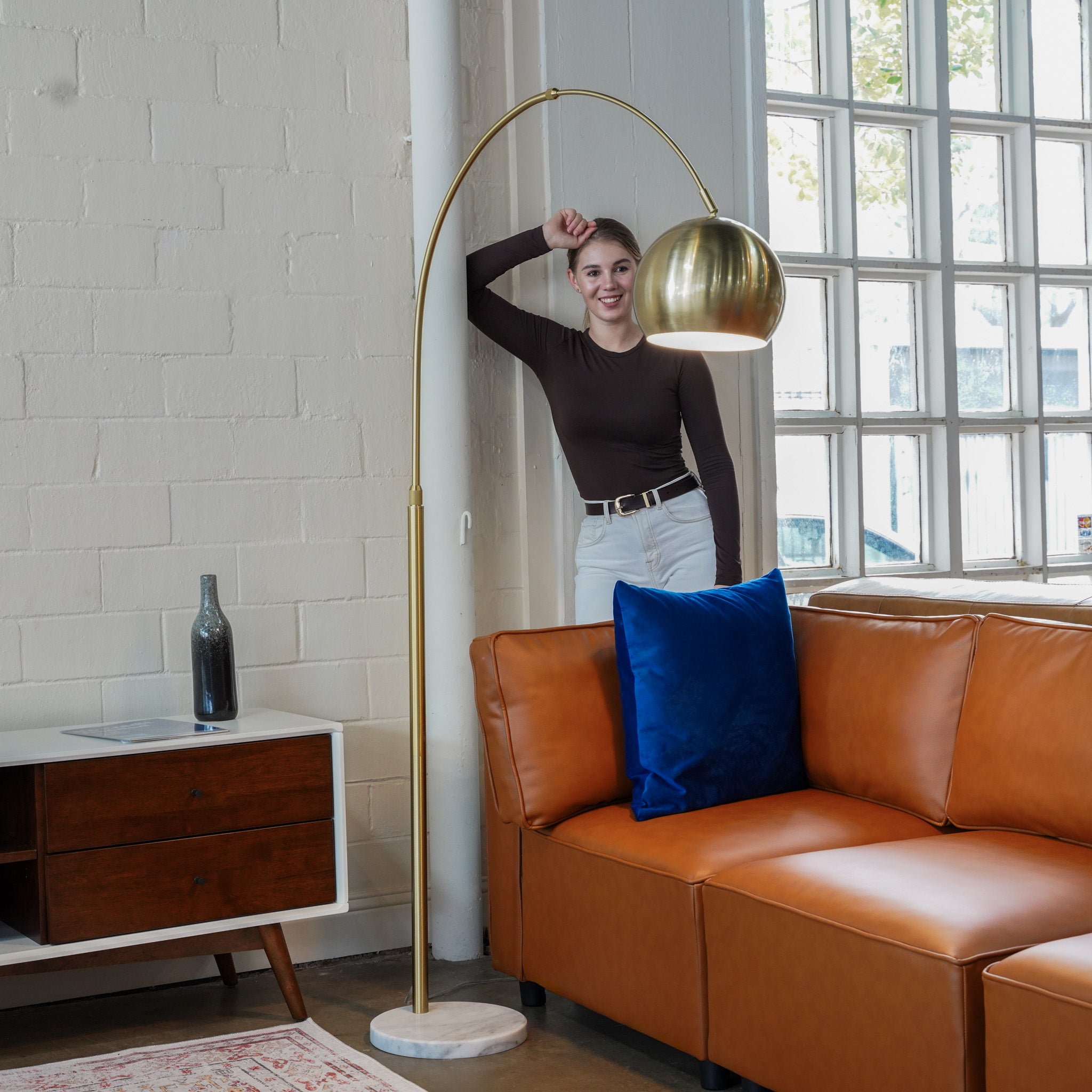Oasis Long Arm Gold Brass Adjustable Floor Lamp with Round White Marble Base