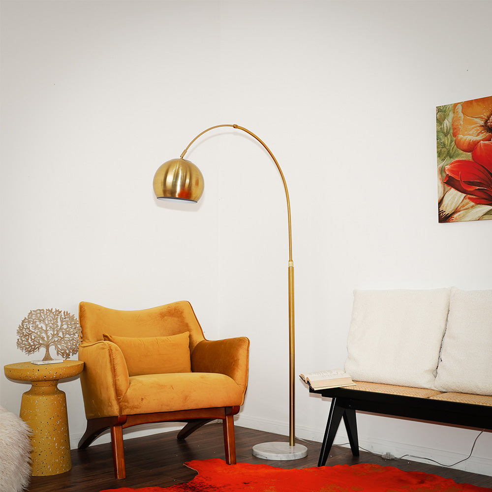 Oasis Long Arm Gold Brass Adjustable Floor Lamp with Round White Marble Base