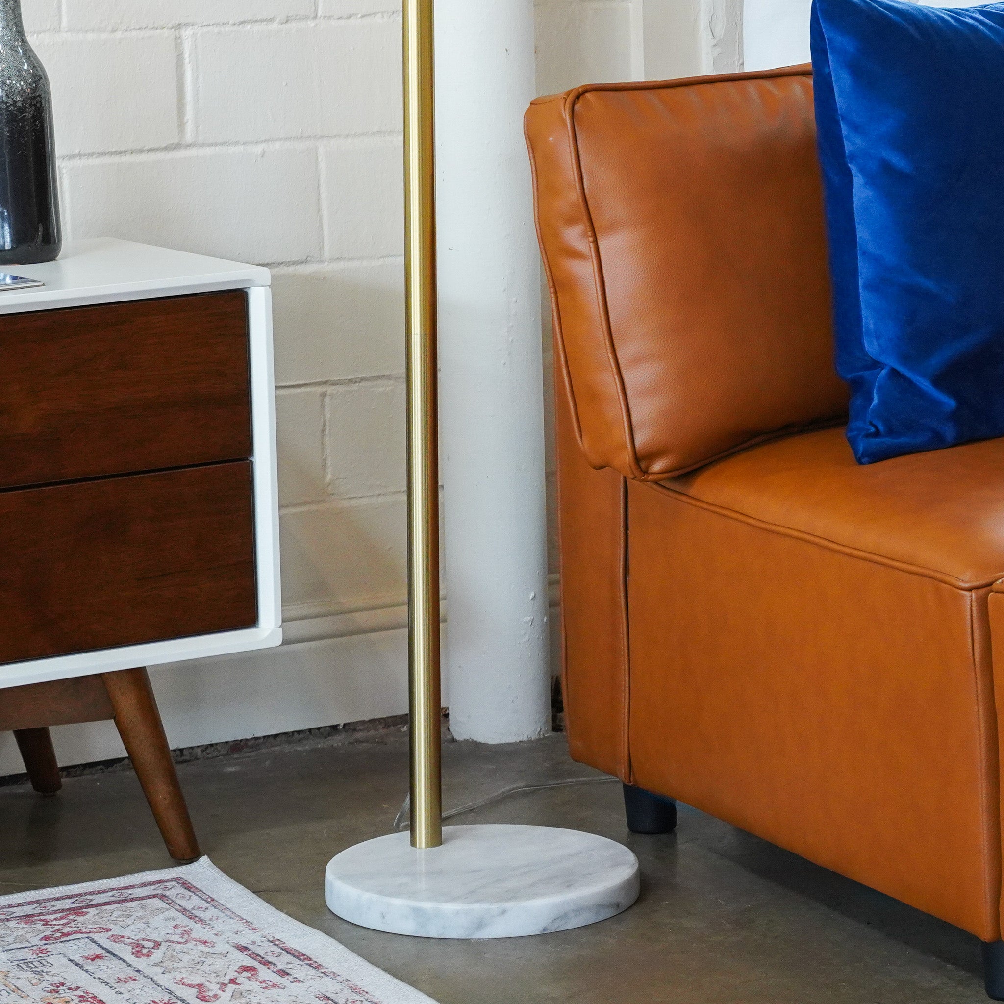 Oasis Long Arm Gold Brass Adjustable Floor Lamp with Round White Marble Base