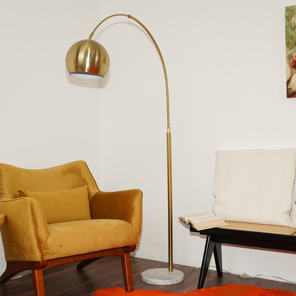 Oasis Long Arm Gold Brass Adjustable Floor Lamp with Round White Marble Base
