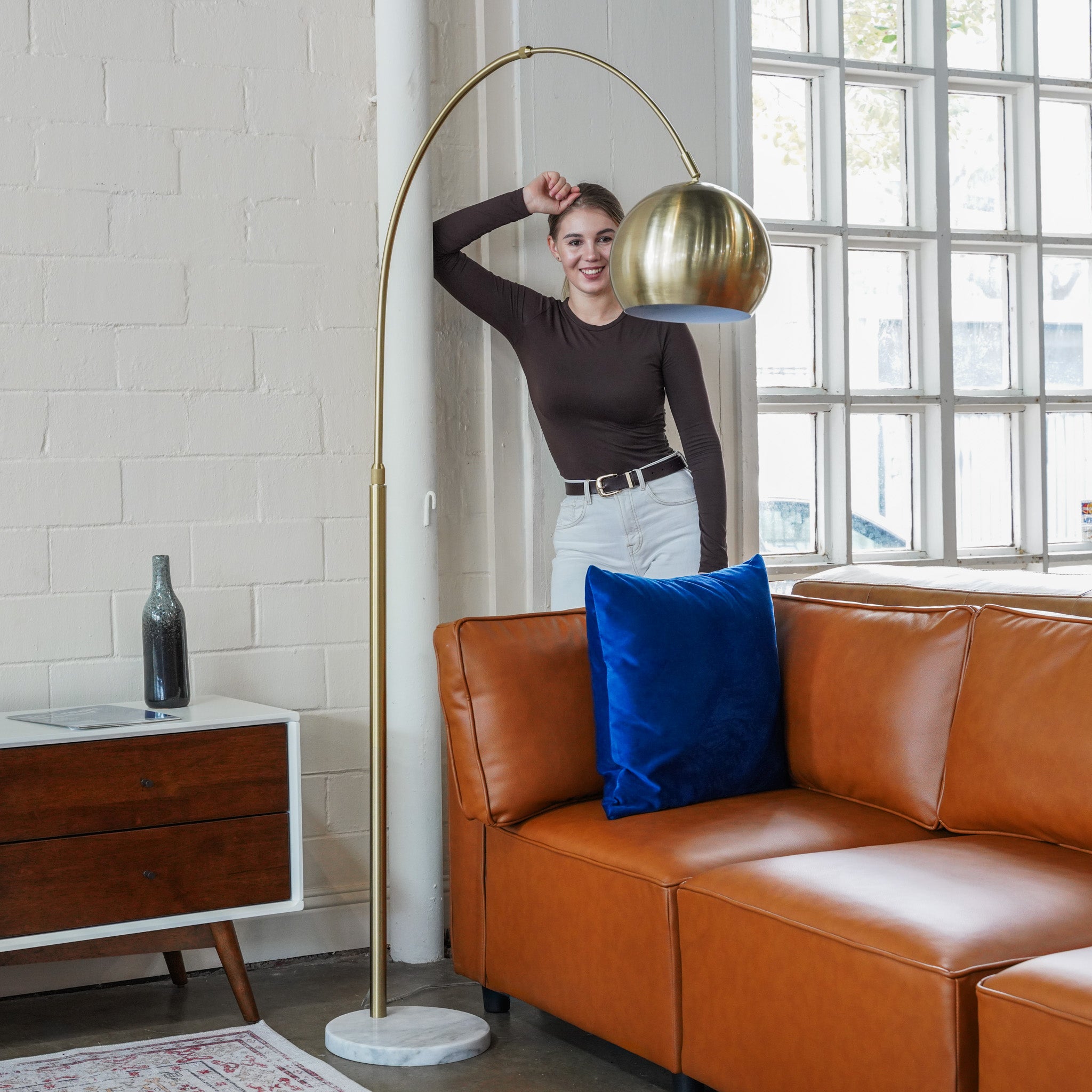 Oasis Long Arm Gold Brass Adjustable Floor Lamp with Round White Marble Base