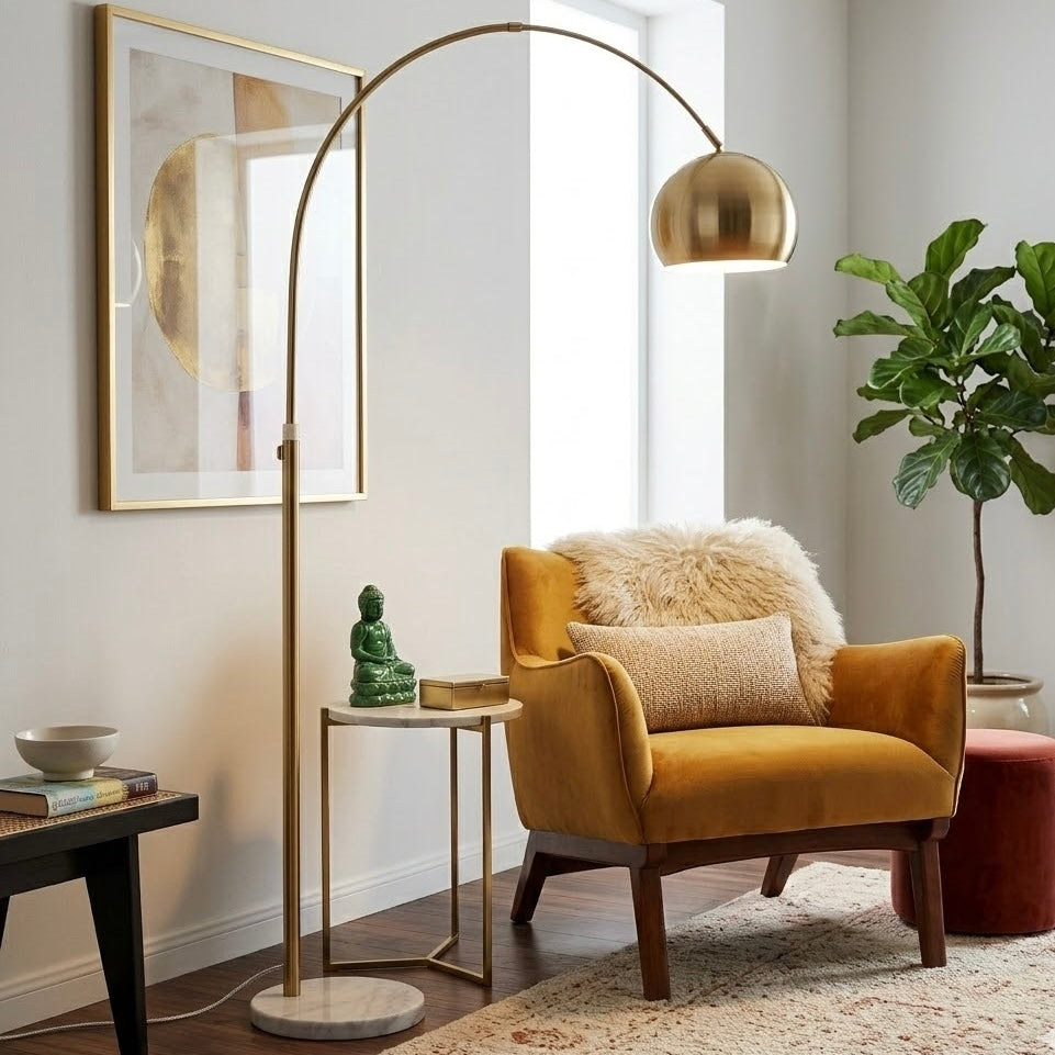 Oasis Long Arm Gold Brass Adjustable Floor Lamp | White Marble Base | MidinMod