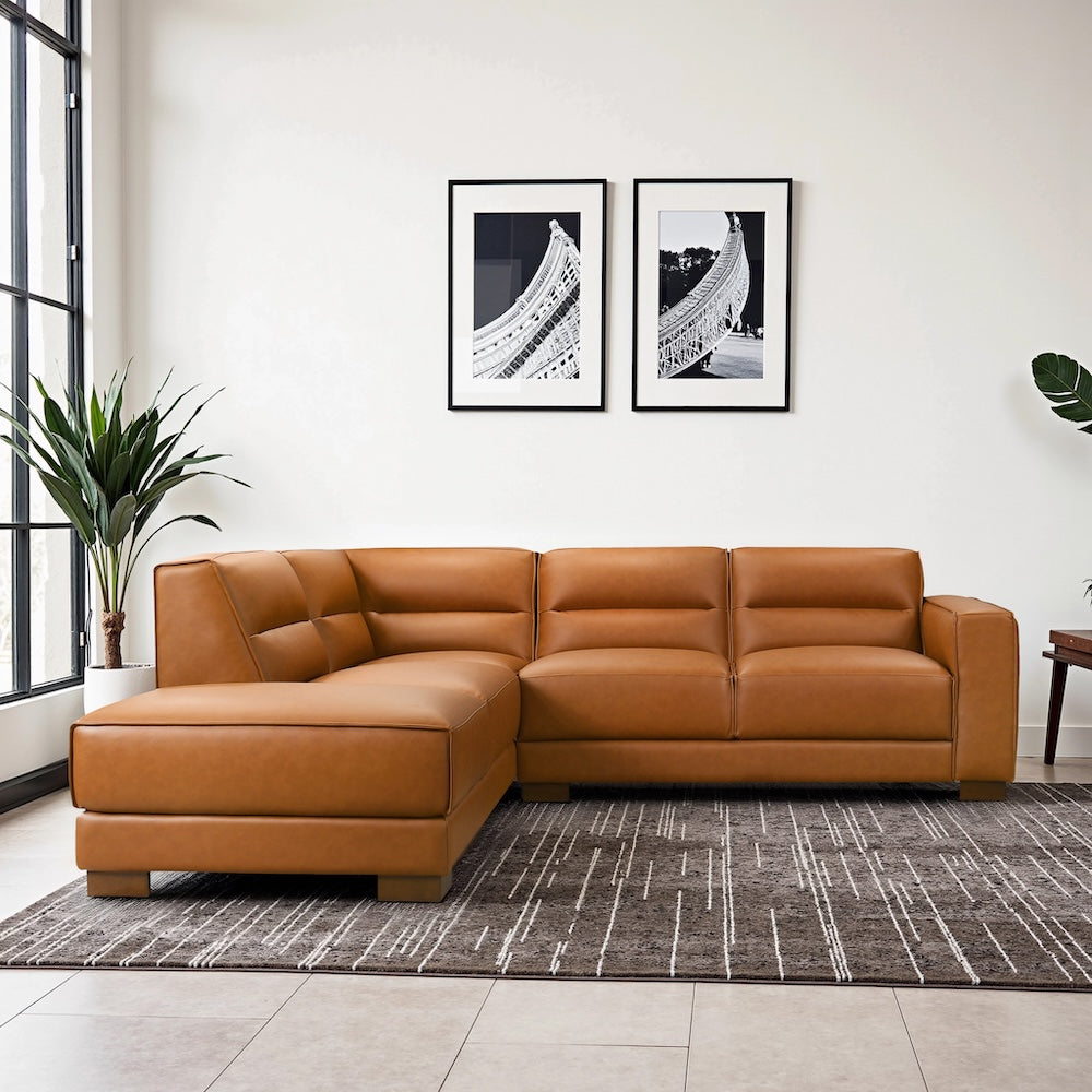 Oliver Left-Facing Cognac Vegan Leather Sectional Sofa - MidinMod