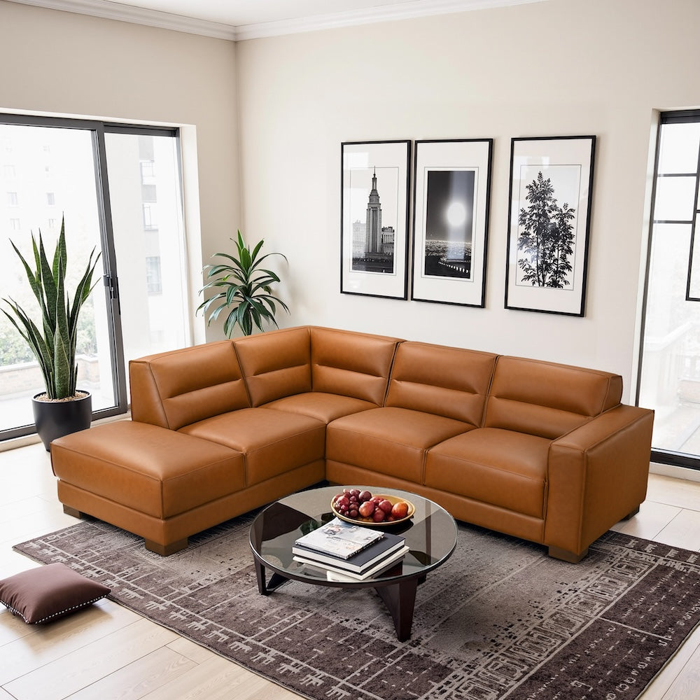 Oliver Left-Facing Cognac Vegan Leather Sectional Sofa - MidinMod