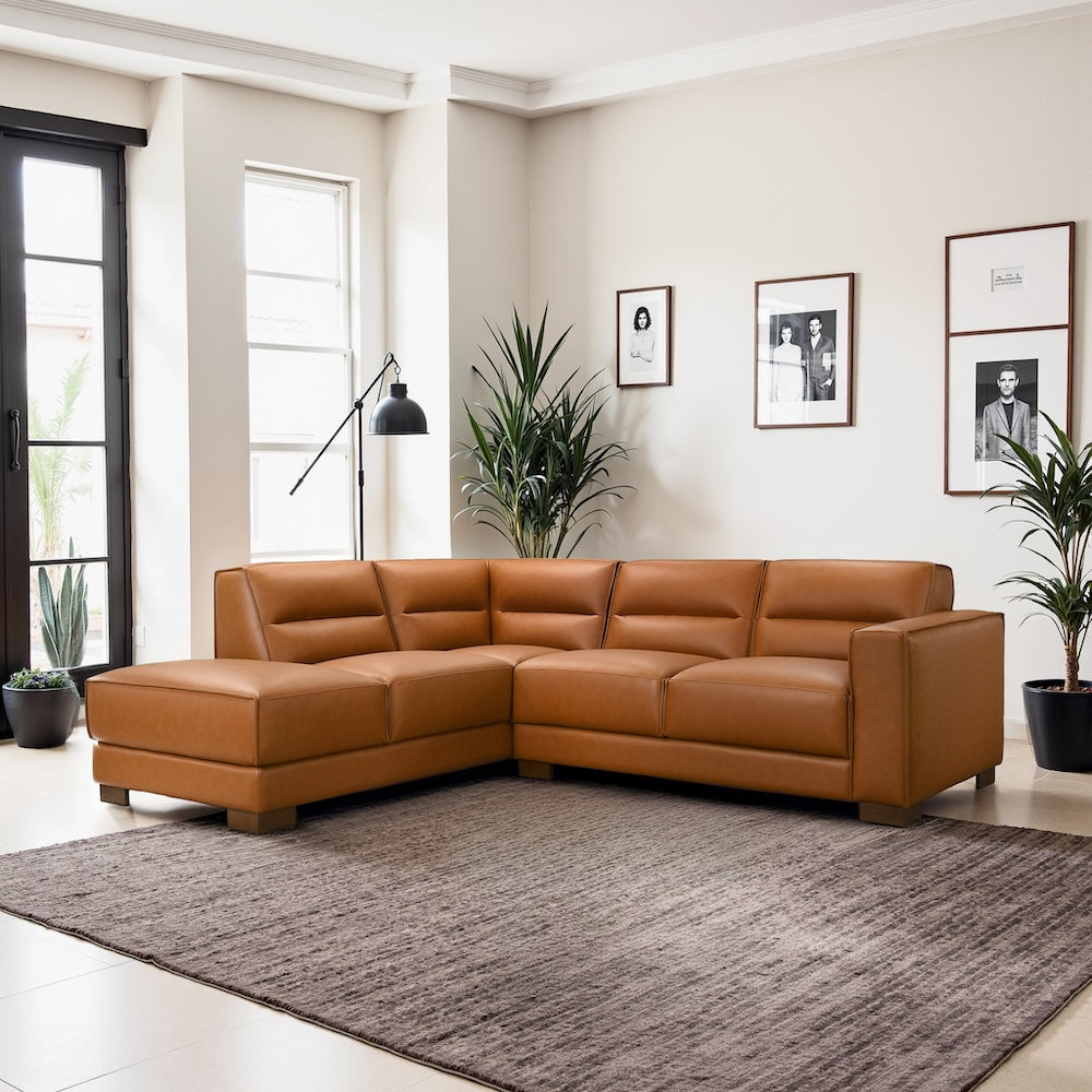 Oliver Left-Facing Cognac Vegan Leather Sectional Sofa - MidinMod