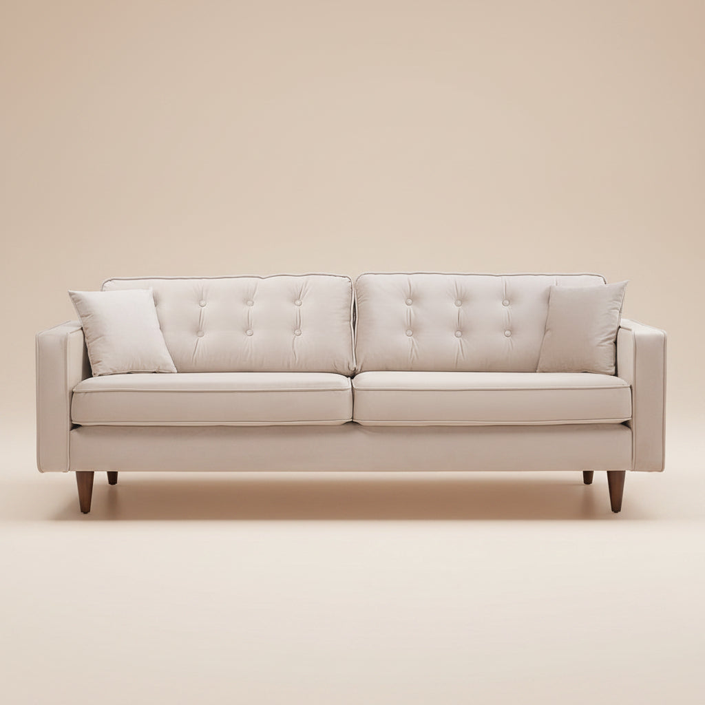 Front studio view of the Oregon Beige Velvet Sofa on a plain beige backdrop with tufted back and wood legs