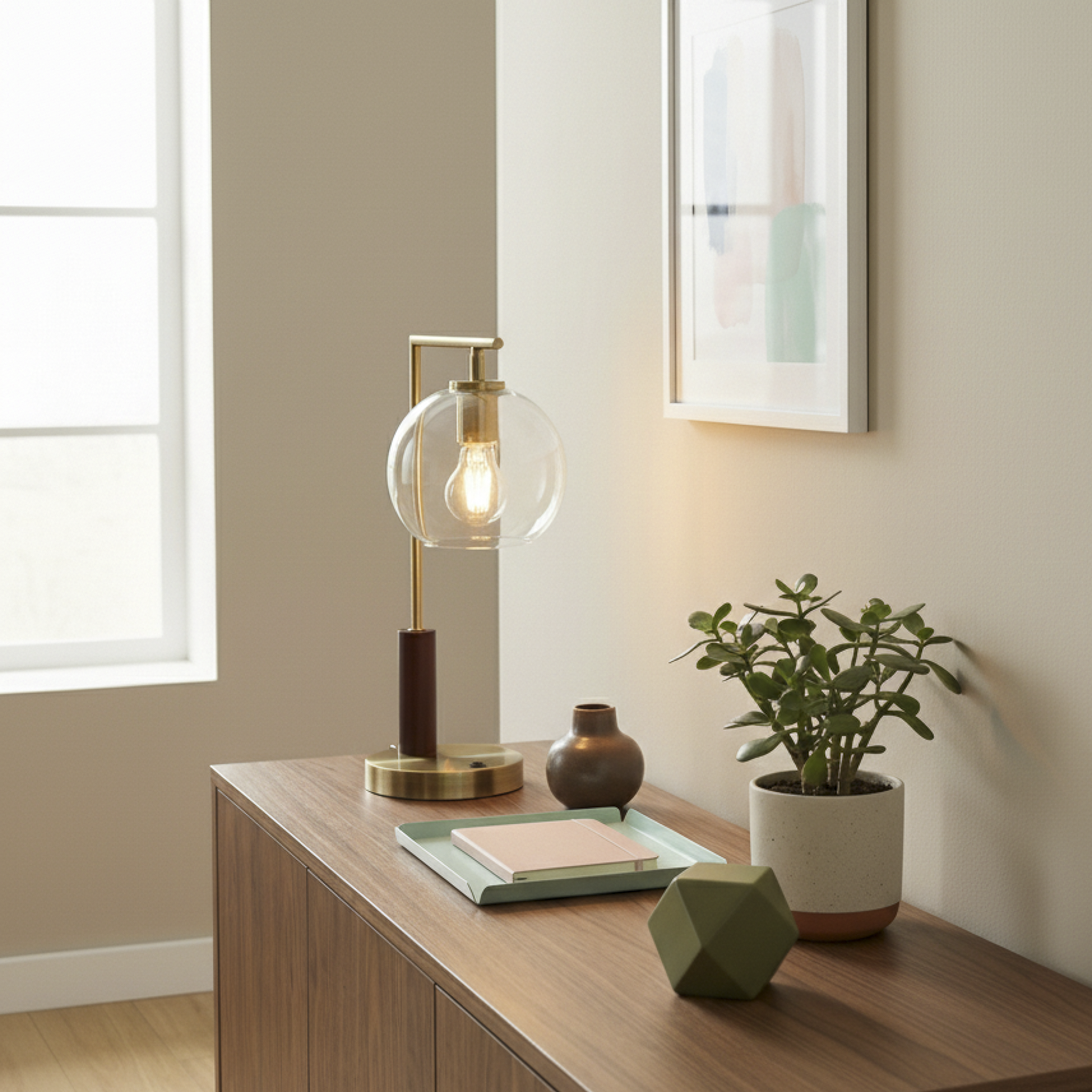 Orion Bronze Right Angle Glass Table Lamp with Wood Accents | MidinMod