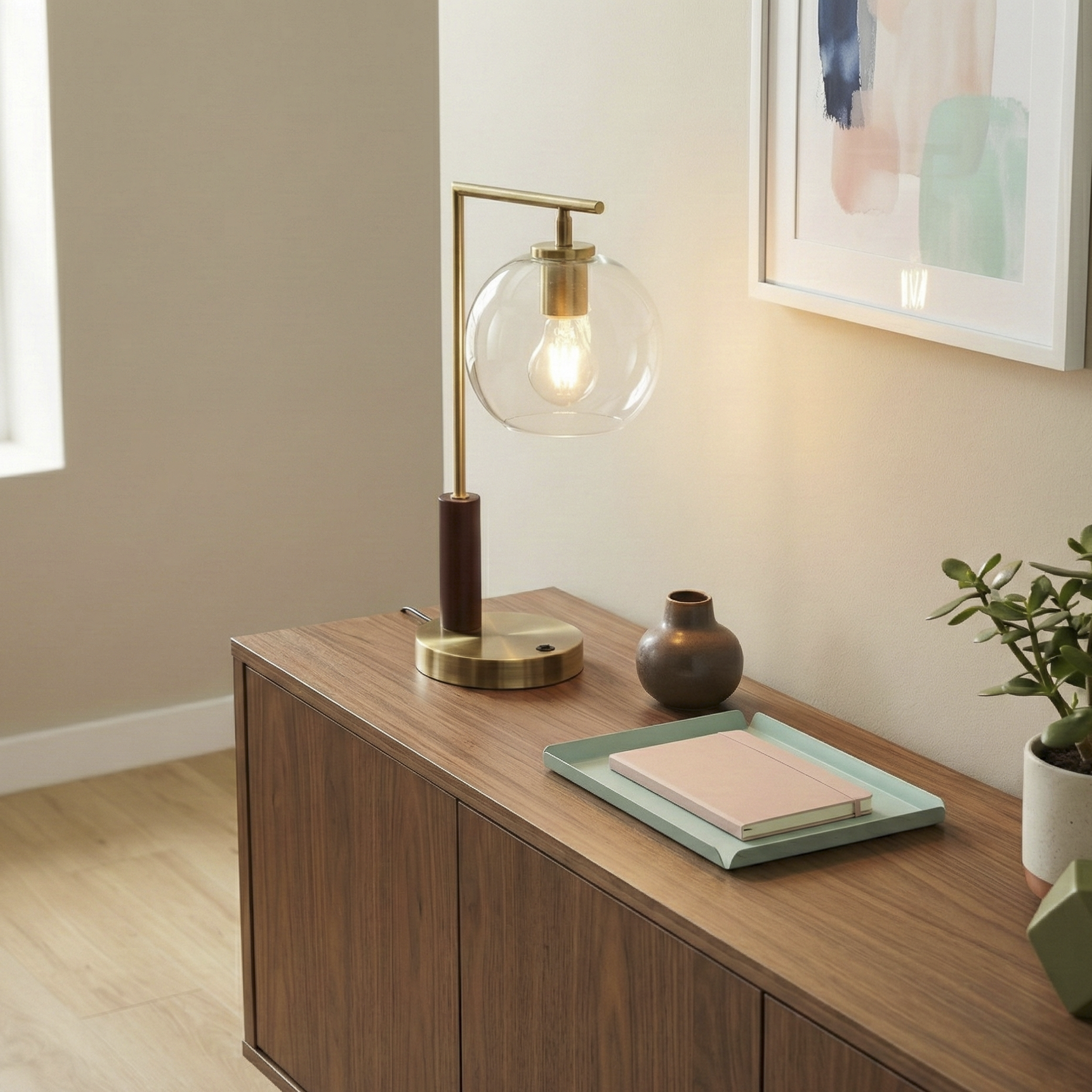 Orion Bronze Right Angle Glass Table Lamp with Wood Accents | MidinMod