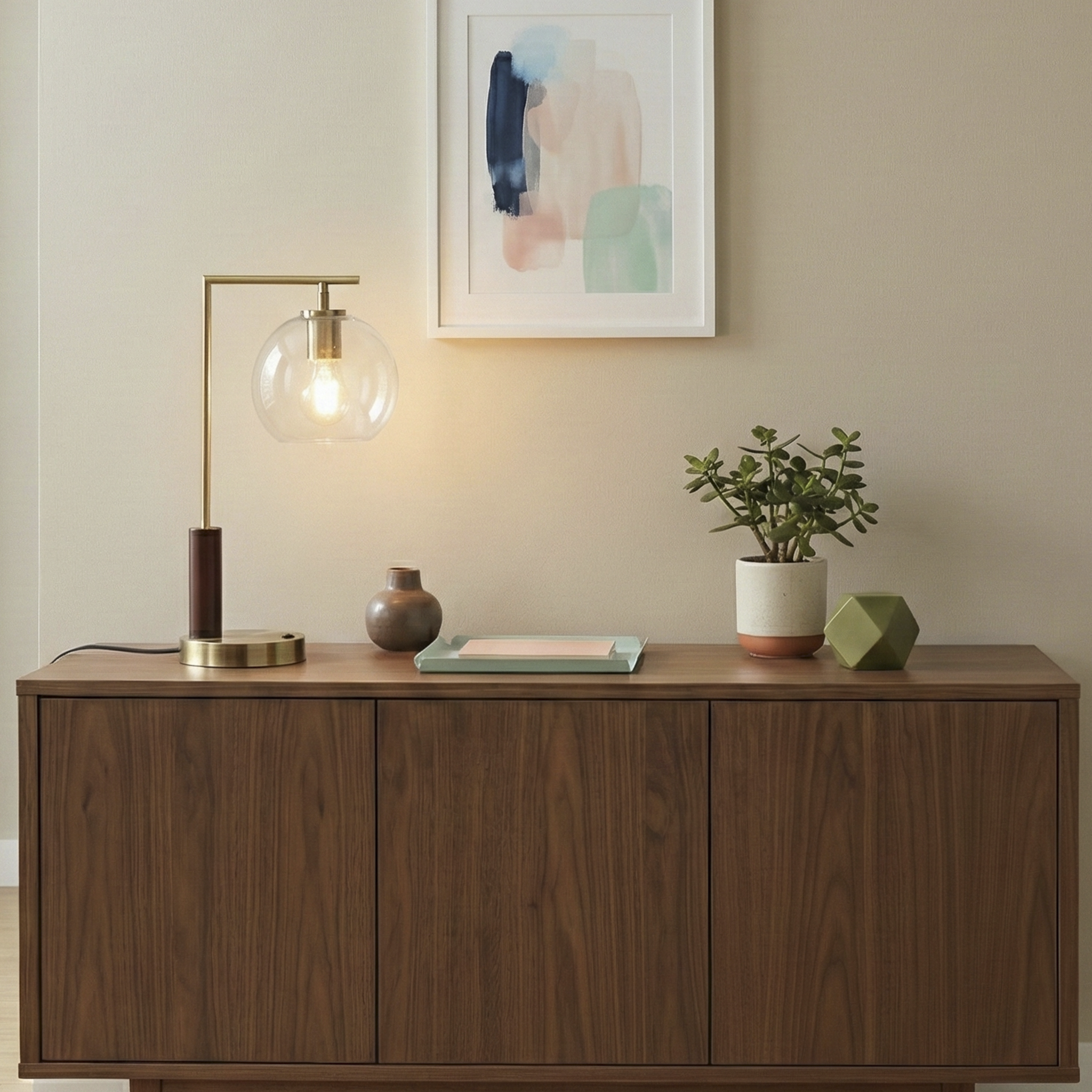 Orion Bronze Right Angle Glass Table Lamp with Wood Accents | MidinMod