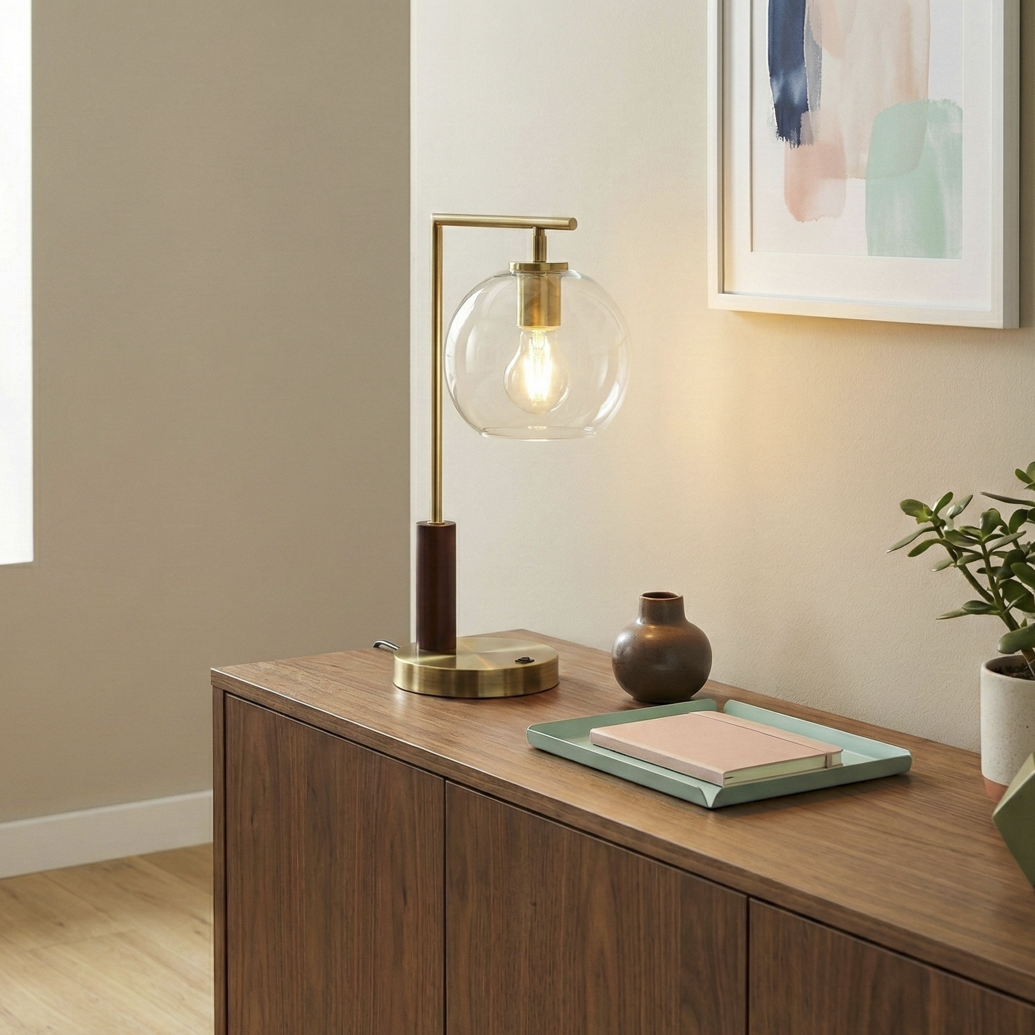Orion Bronze Right Angle Glass Table Lamp with Wood Accents | MidinMod