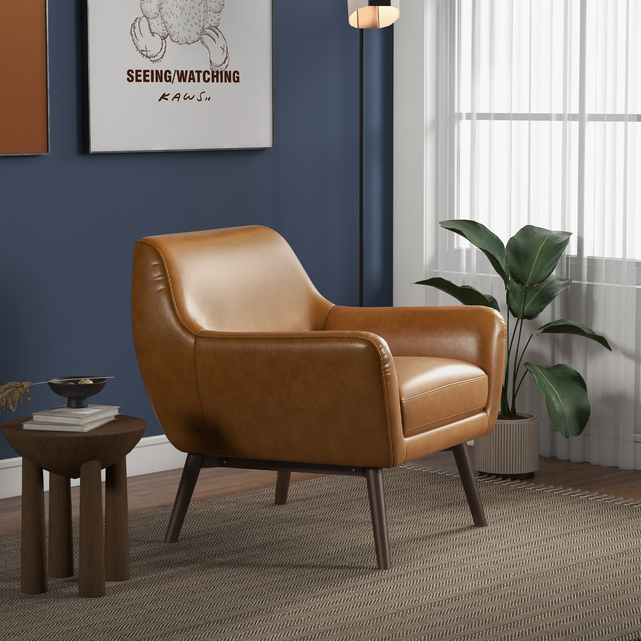 Penny Mid-Century Modern Top-Grain Leather Lounge Chair with Walnut Wood Legs - MidinMod