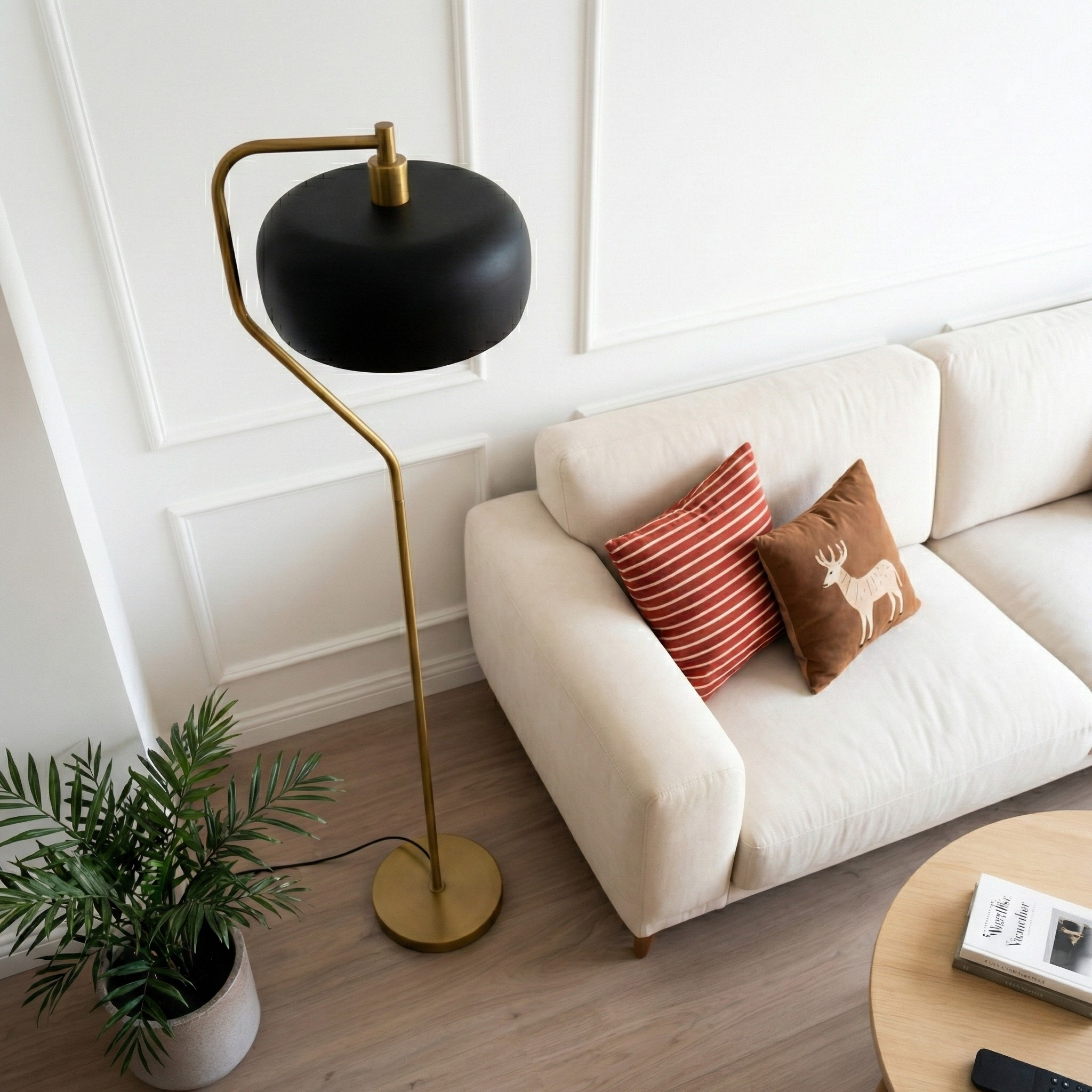 Photon Arched Floor Lamp in Gold with Black Sprayed Glass Shade | MidinMod