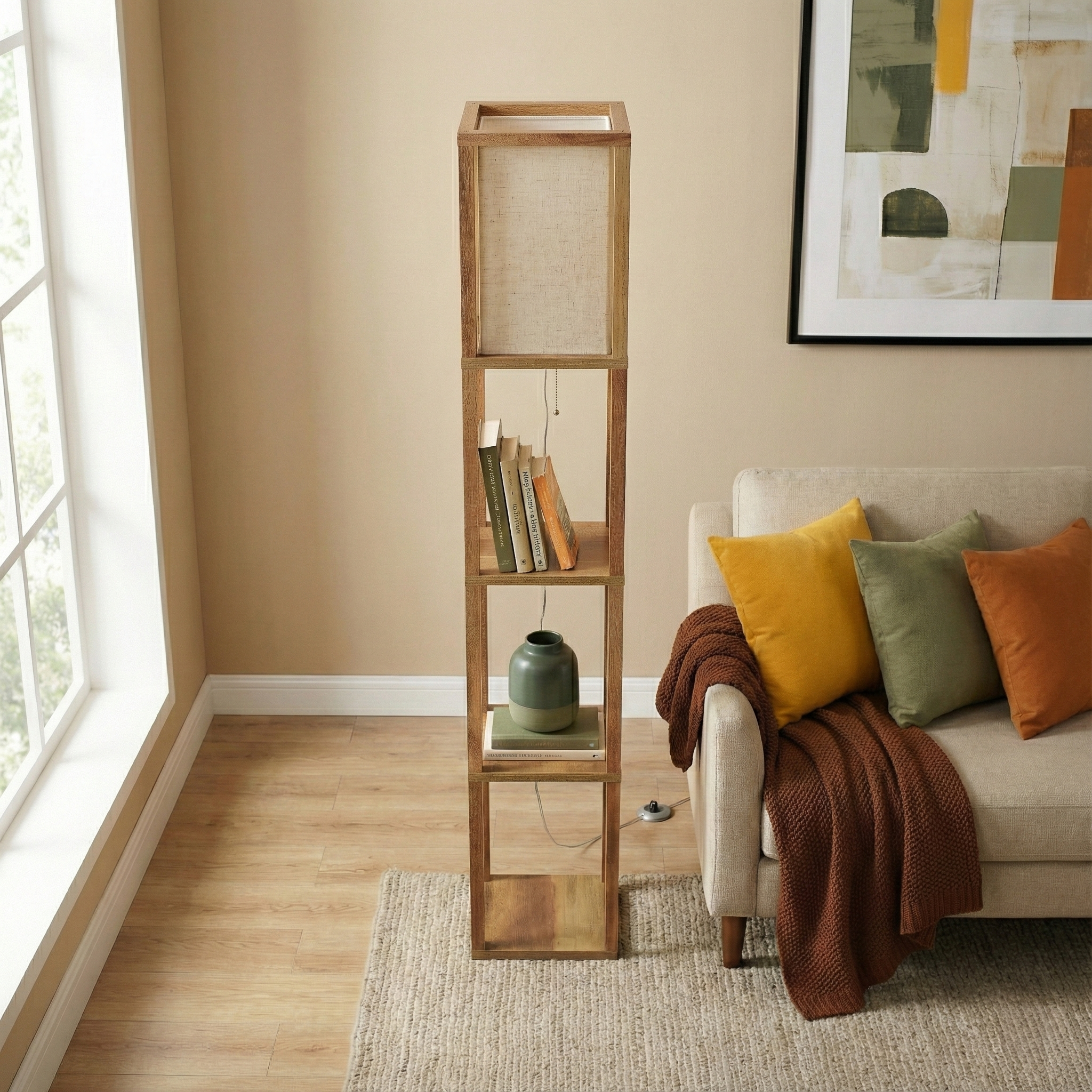 Pinnacle Natural Wood Shelf Floor Lamp with Extended Fabric Shade | MidinMod