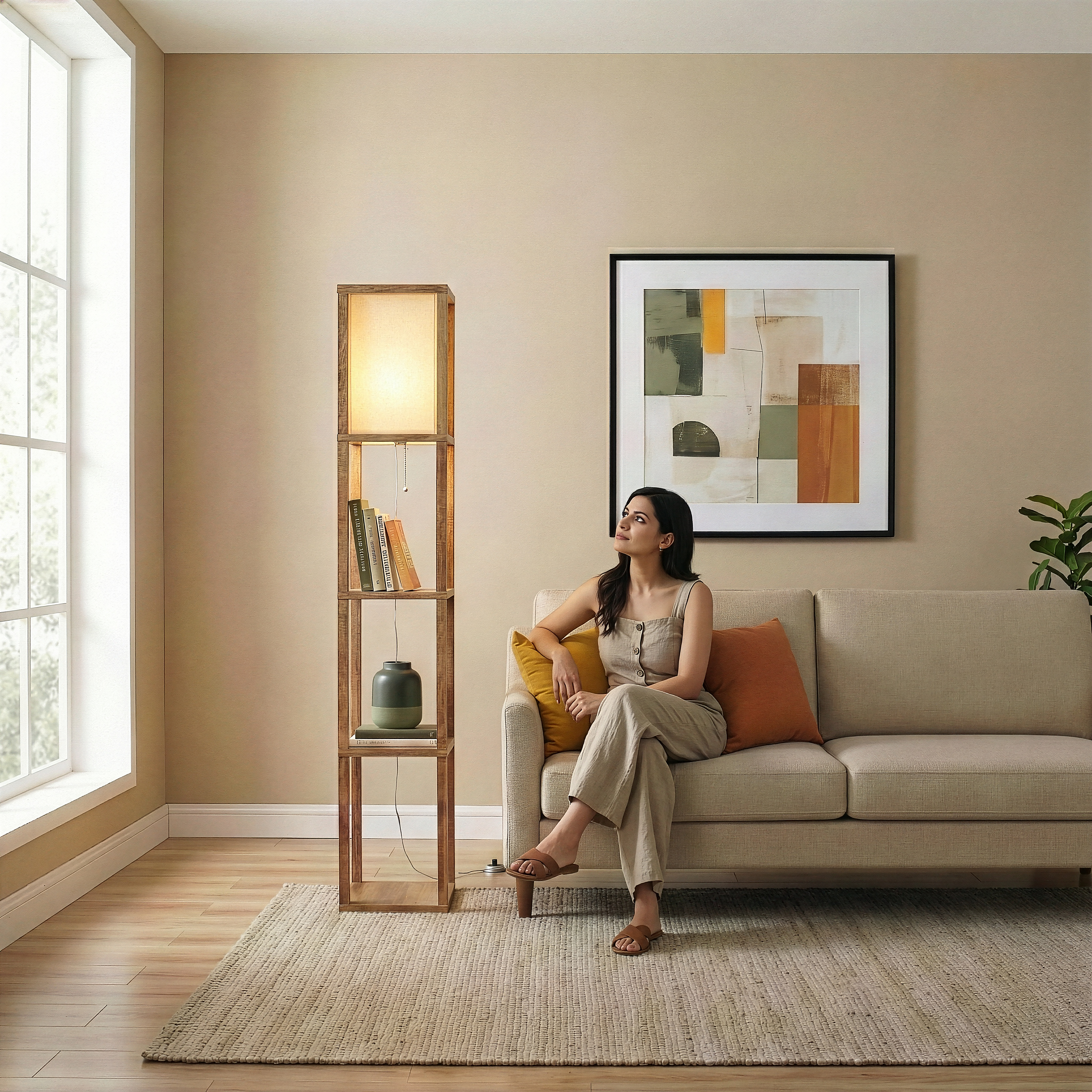 Pinnacle Natural Wood Shelf Floor Lamp with Extended Fabric Shade | MidinMod