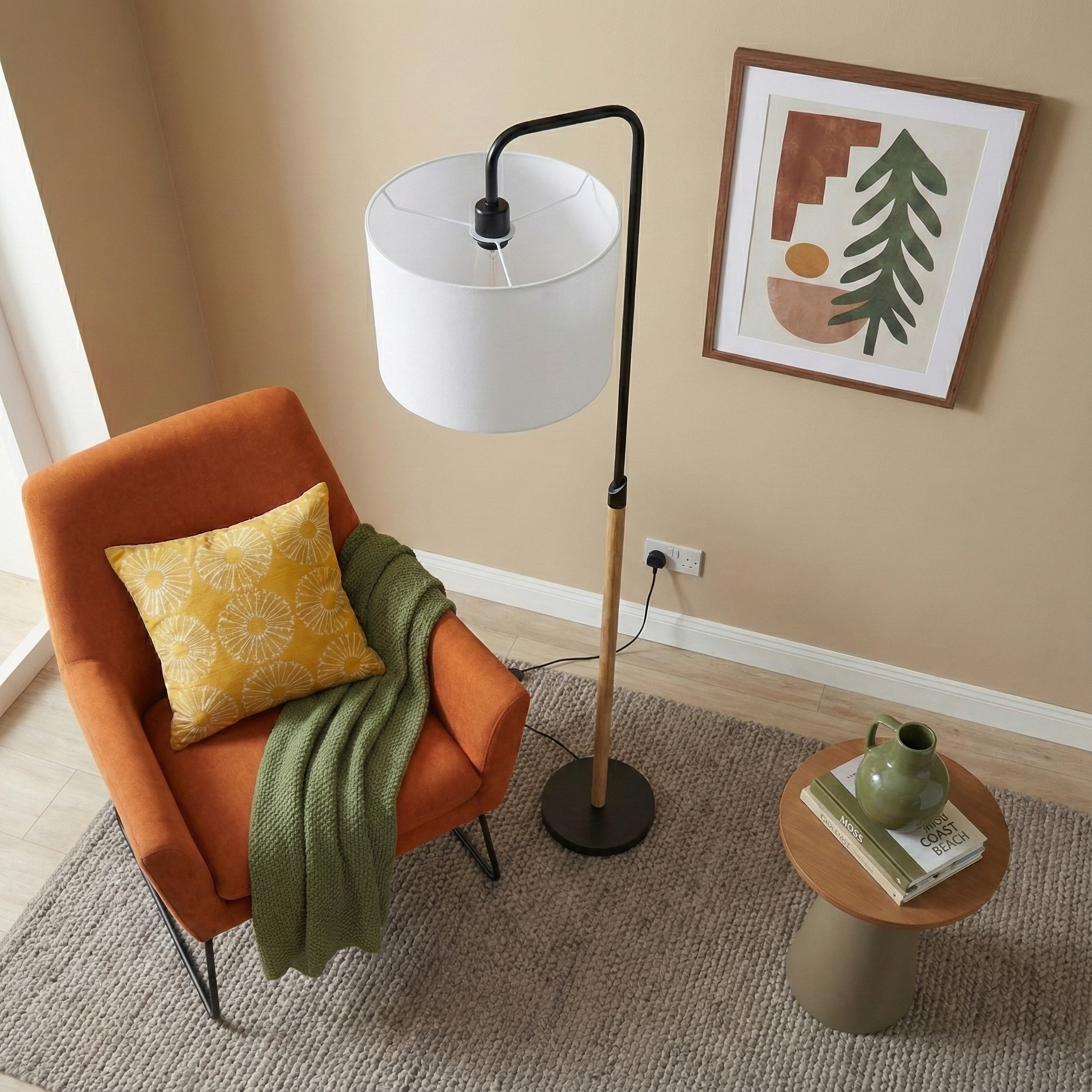 Polaris Arched Floor Lamp in Black Metal with White Linen Drum Shade | MidinMod