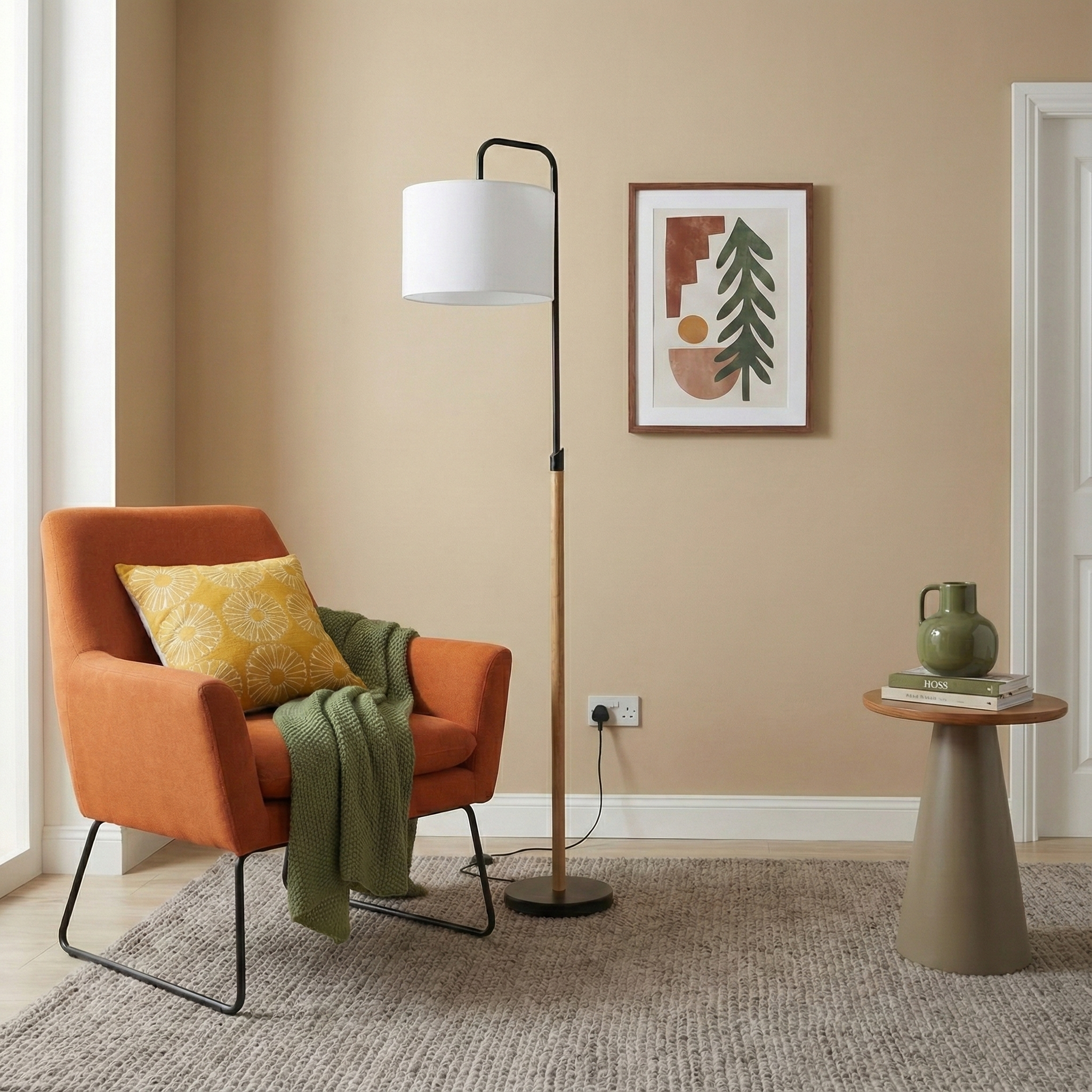 Polaris Arched Floor Lamp in Black Metal with White Linen Drum Shade | MidinMod