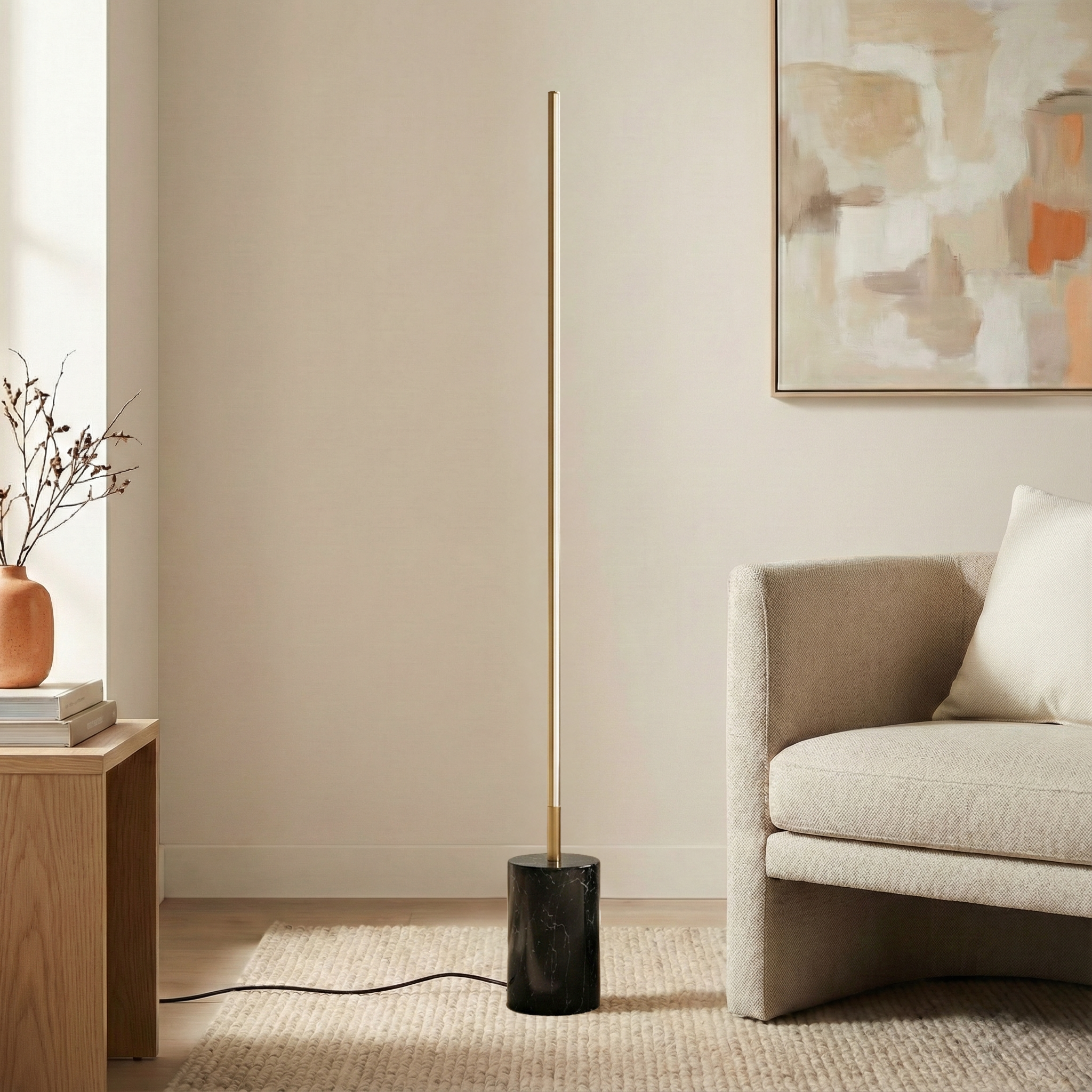 Prism Brassed Gold LED Floor Lamp with Integrated Switch and Faux Marble Base | MidinMod
