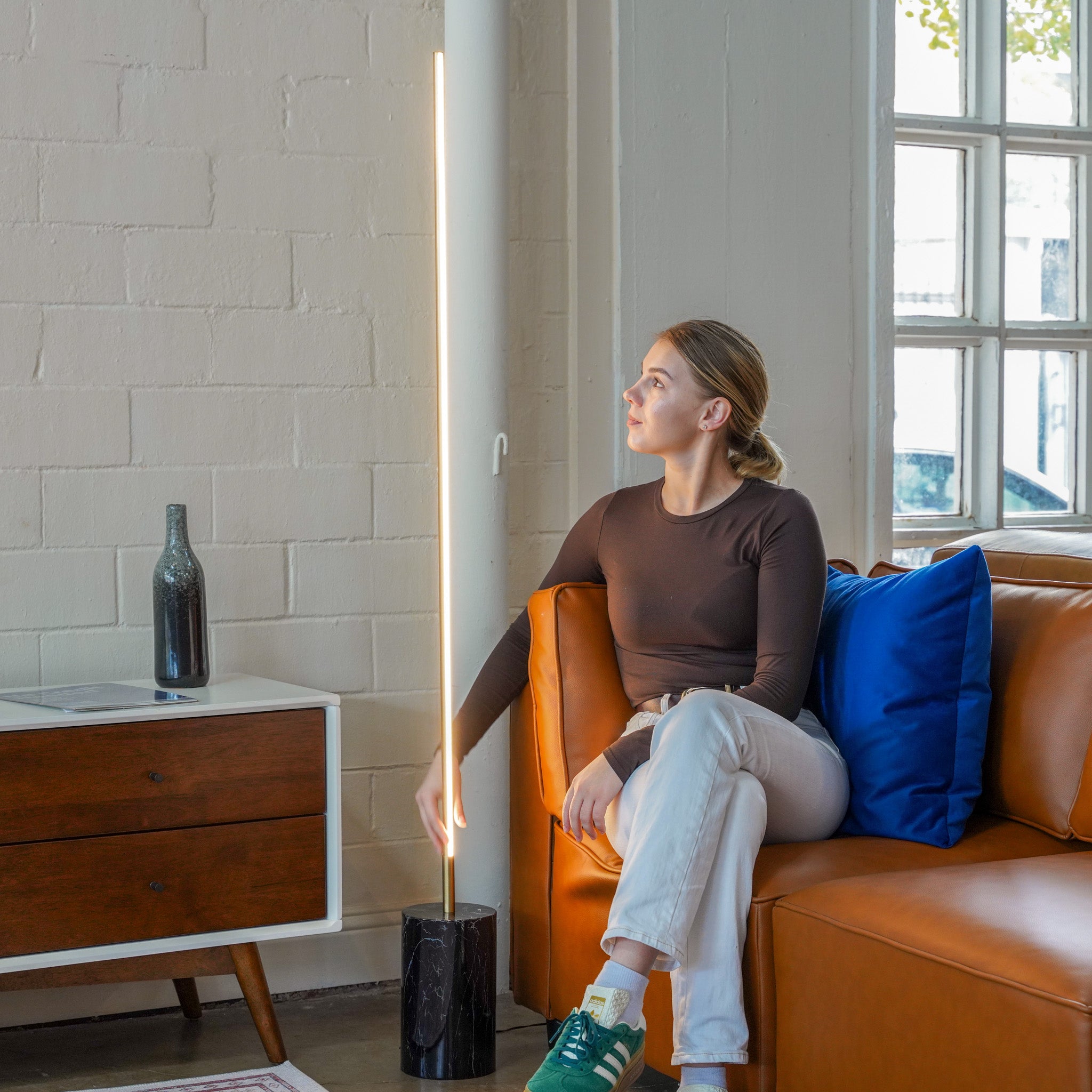 Prism Brassed Gold LED Floor Lamp with On/Off Switch Faux Marble Base