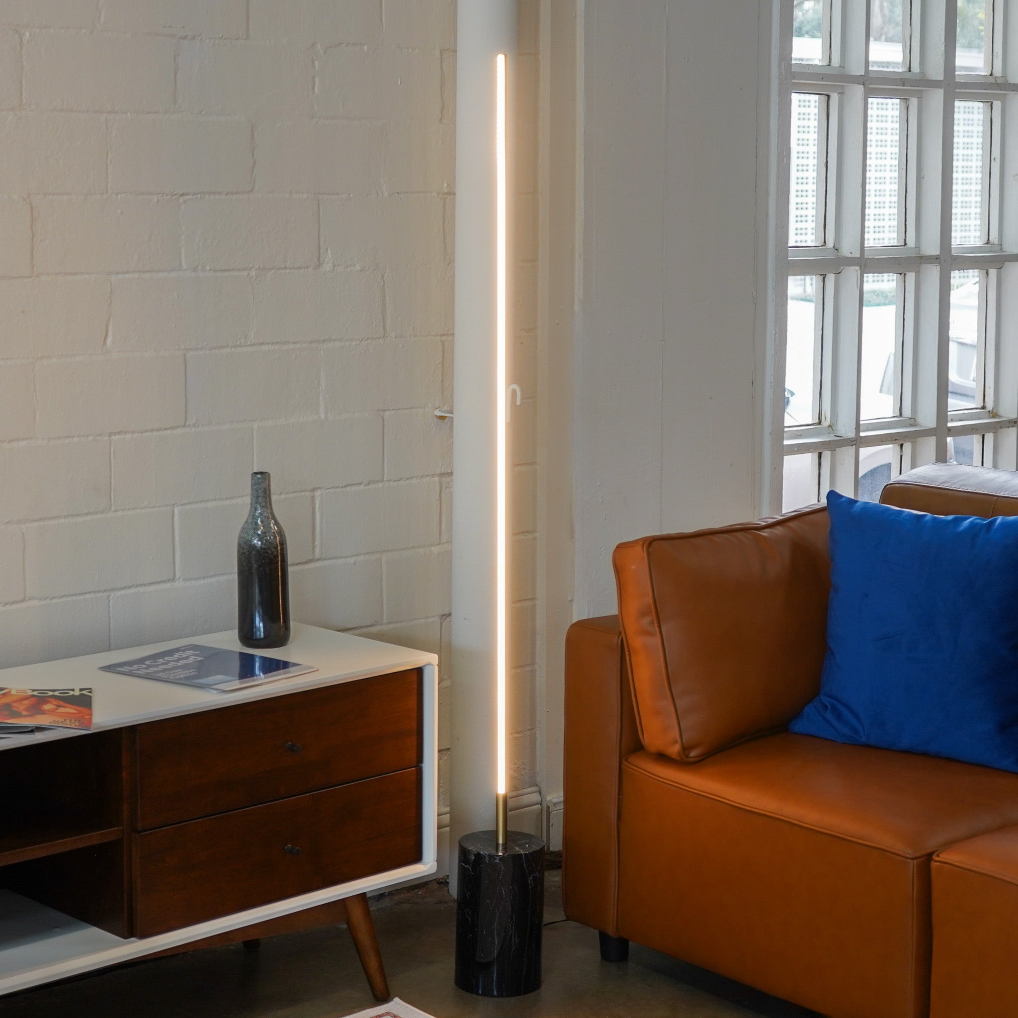 Prism Brassed Gold LED Floor Lamp with On/Off Switch Faux Marble Base