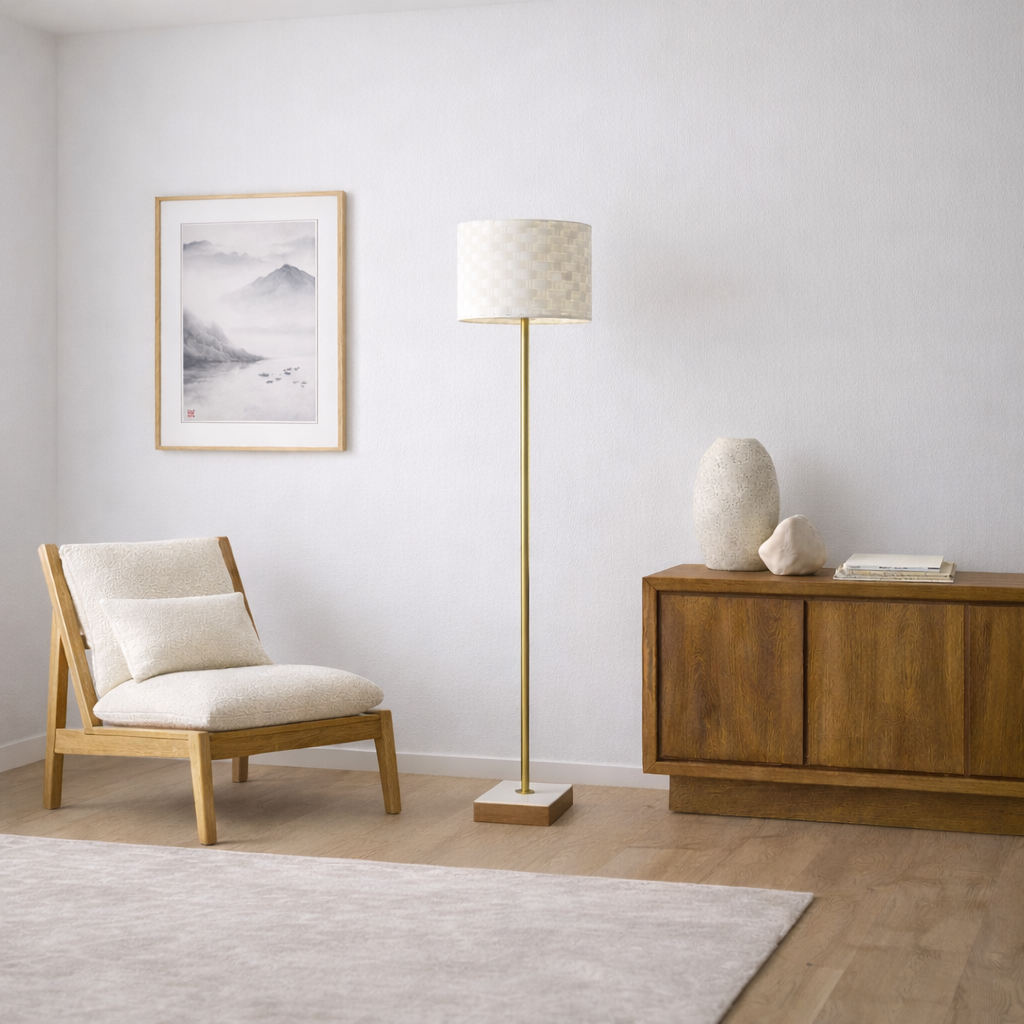 Pulsar Marble and Wood Floor Lamp with Woven Shade and Brass Stem | MidinMod