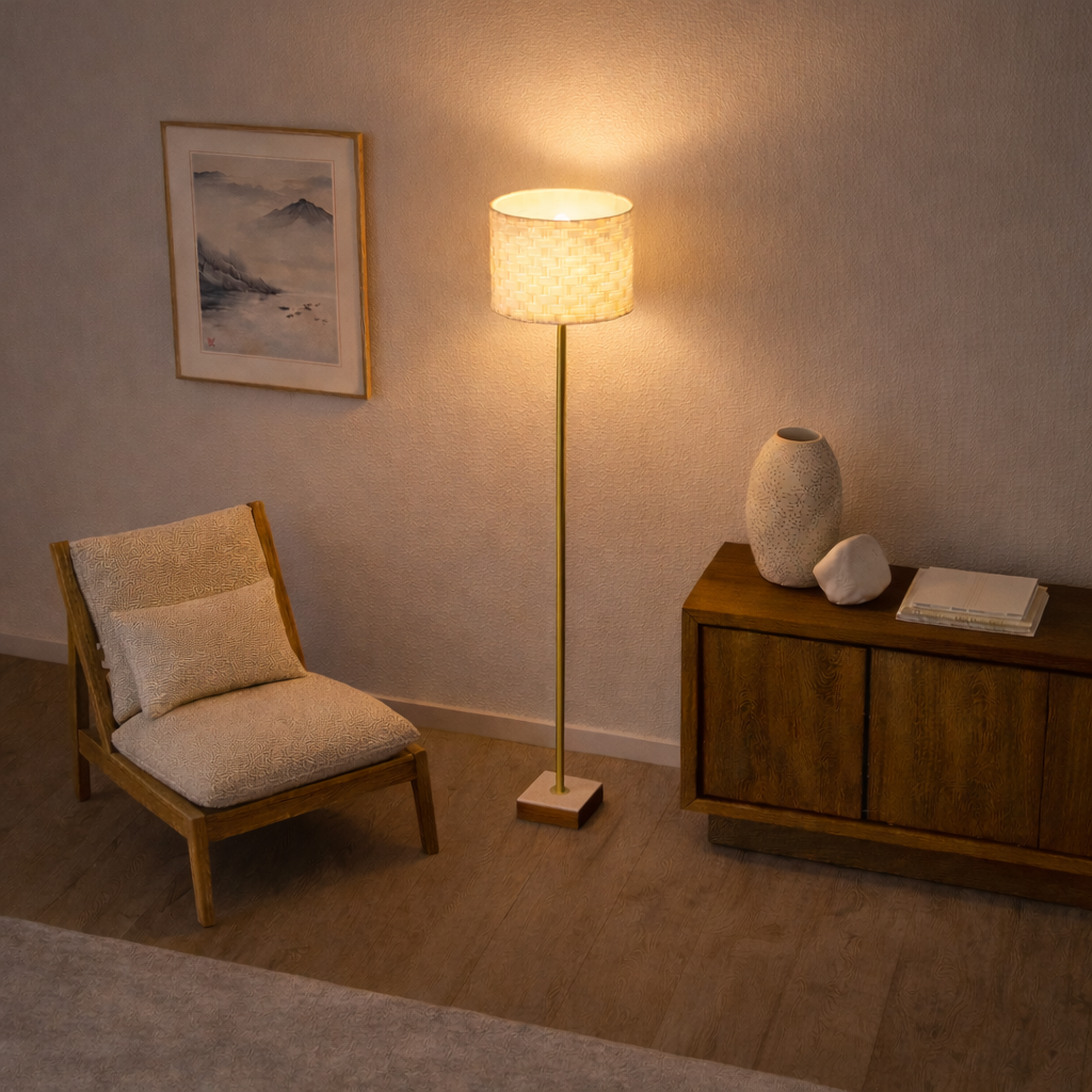Pulsar Marble and Wood Floor Lamp with Woven Shade and Brass Stem | MidinMod
