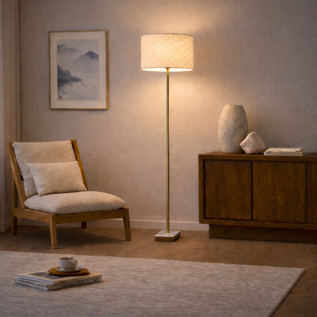 Pulsar Marble and Wood Floor Lamp with Woven Shade and Brass Stem | MidinMod