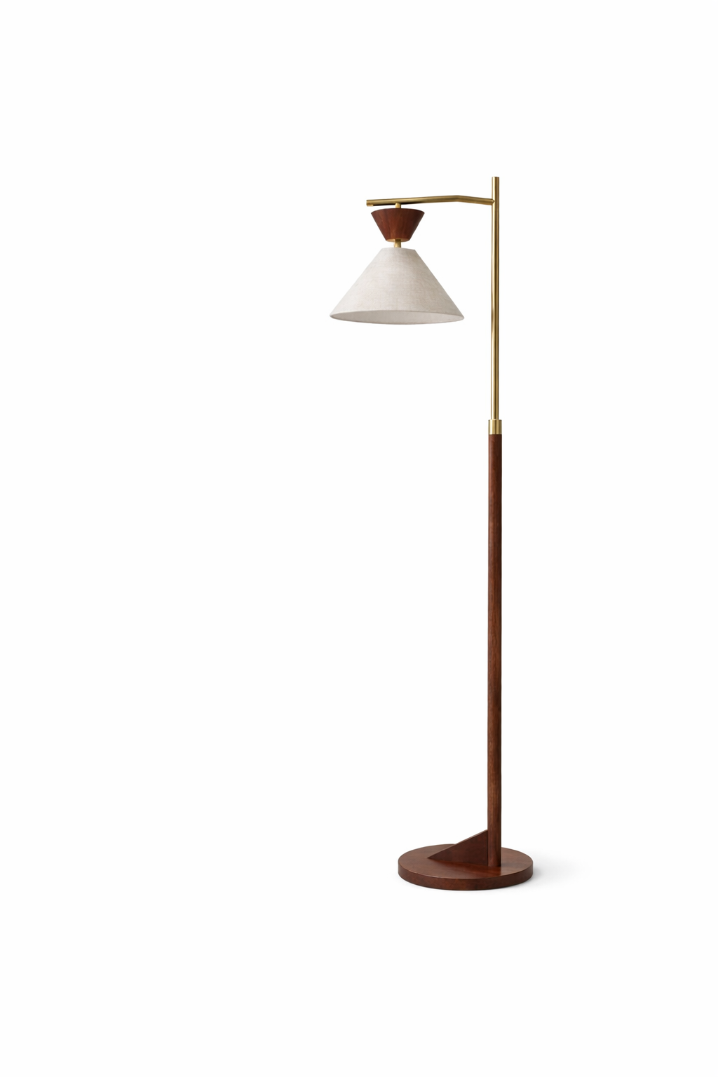 Quasar Brown Rubberwood Floor Lamp with Tapered Linen Shade and Brass Accents | MidinMod