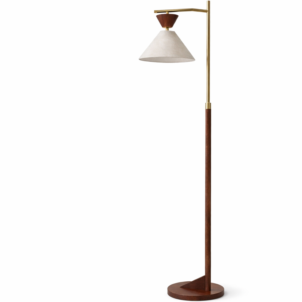Quasar Brown Rubberwood Floor Lamp with Tapered Linen Shade and Brass Accents | MidinMod