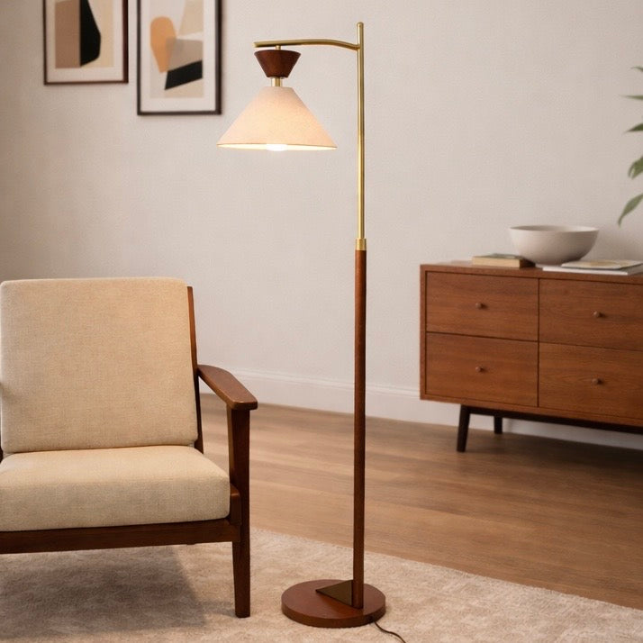 Quasar Brown Rubberwood Floor Lamp with Tapered Linen Shade and Brass Accents | MidinMod
