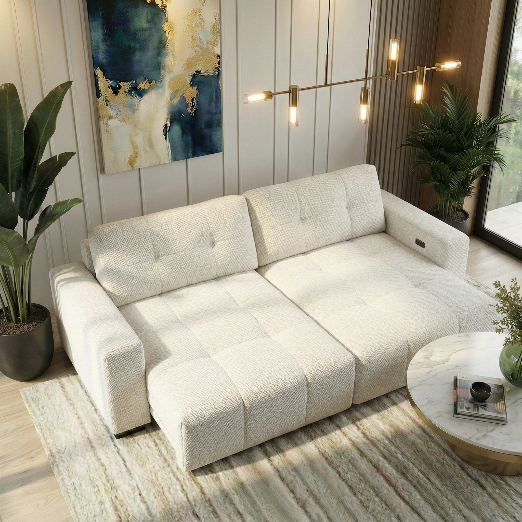 Quell PWR Slider Sofa | Beige Linen & 3-Seater Design | MidinMod