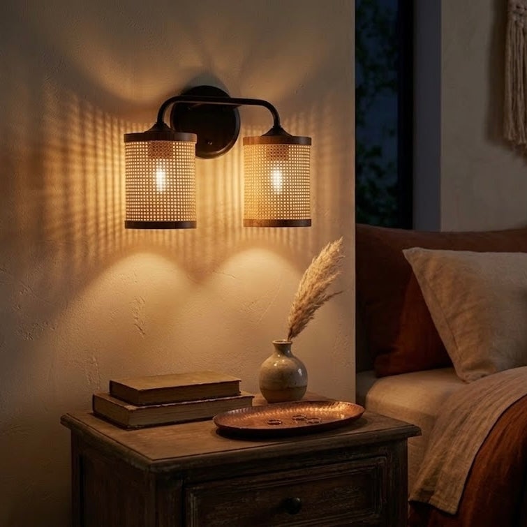 Quell Double Light Vanity | Natural Rattan Shade & Modern Frame | MidinMod