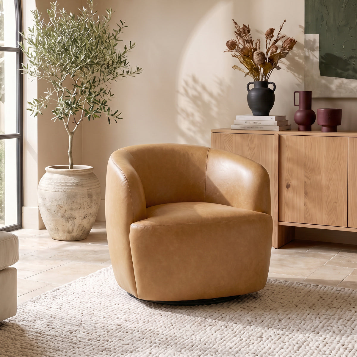Rivet Tan Vegan Leather Swivel Chair - MidinMod