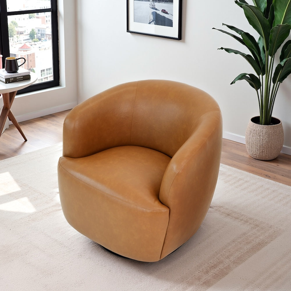 Rivet Tan Vegan Leather Swivel Chair - MidinMod