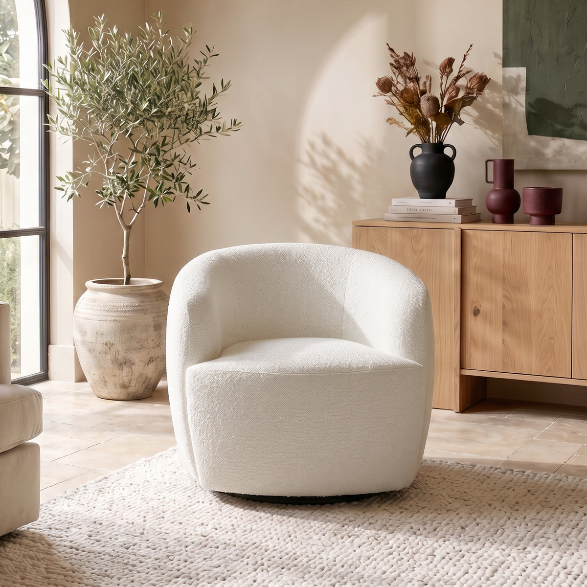 Rivet White Teddy Boucle 360° Swivel Lounge Chair | MidinMod